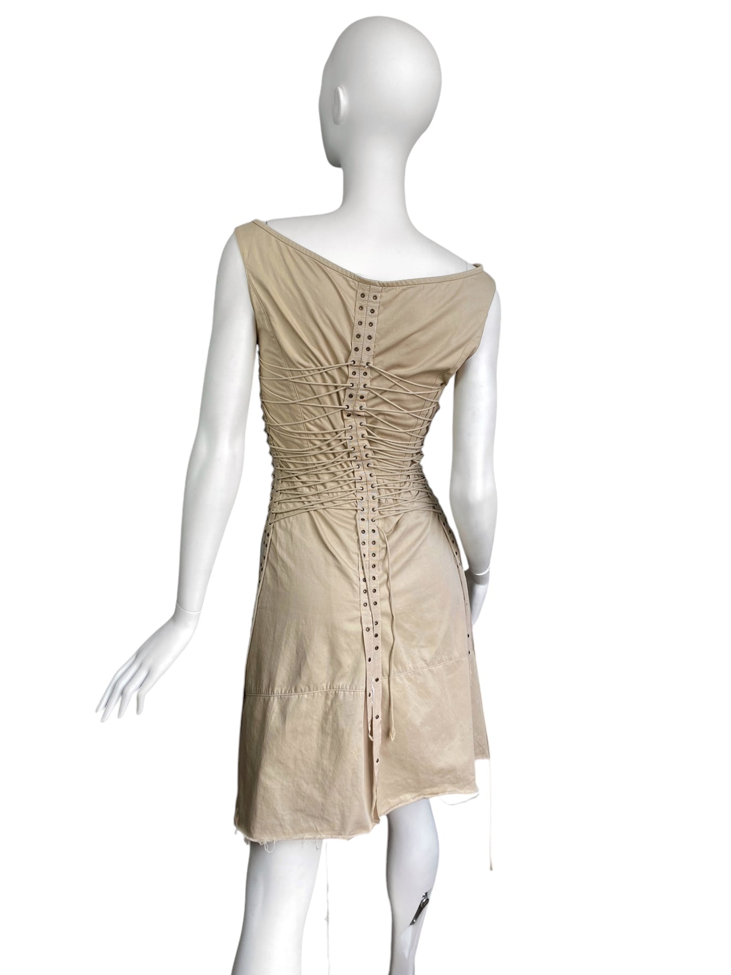 PLEIN SUD SS2003 BEIGE LACED-UP BONDAGE MIDI DRESS