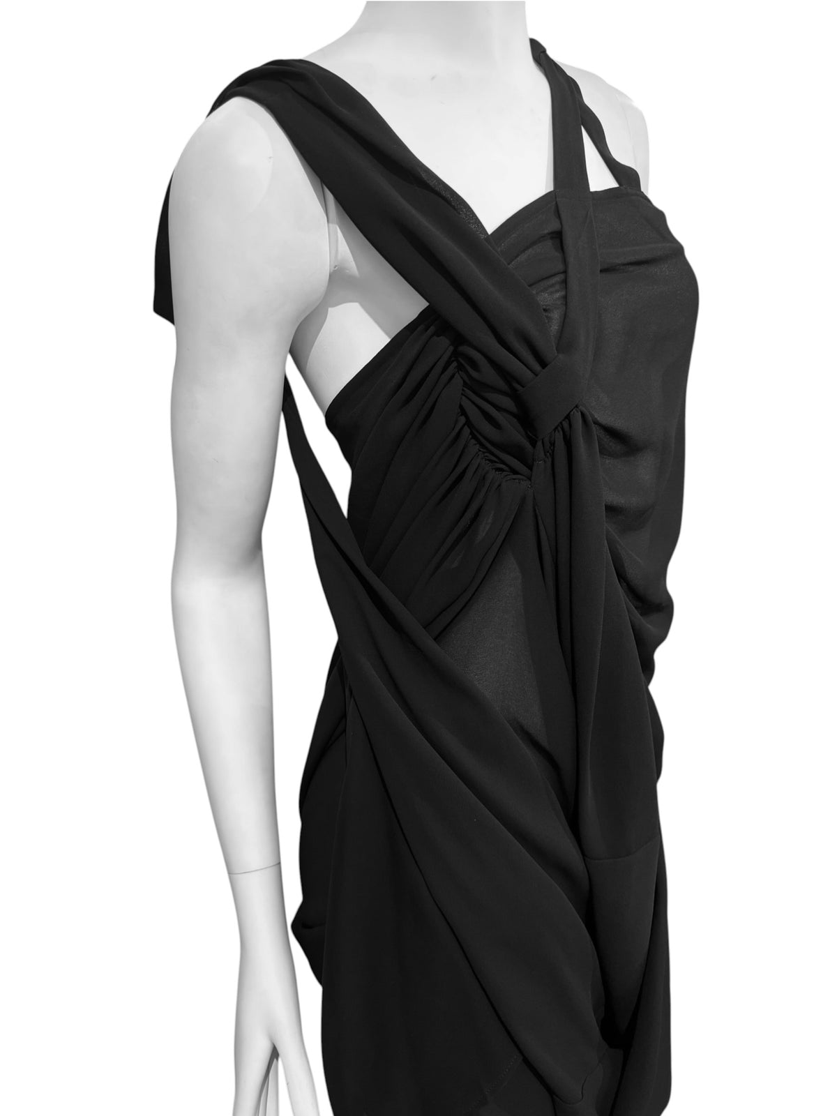 JUNYA WATANABE FW2009 BLACK SHEER ASYMMETRICAL DRAPED MIDI DRESS