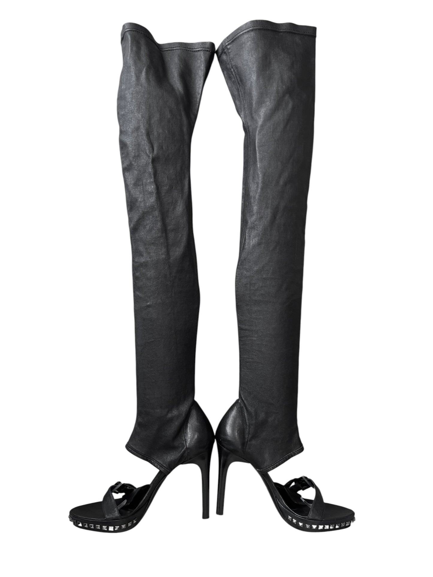 PLEIN SUD 2000s BLACK LEATHER STUDDED OPEN TOE THIGHBOOTS