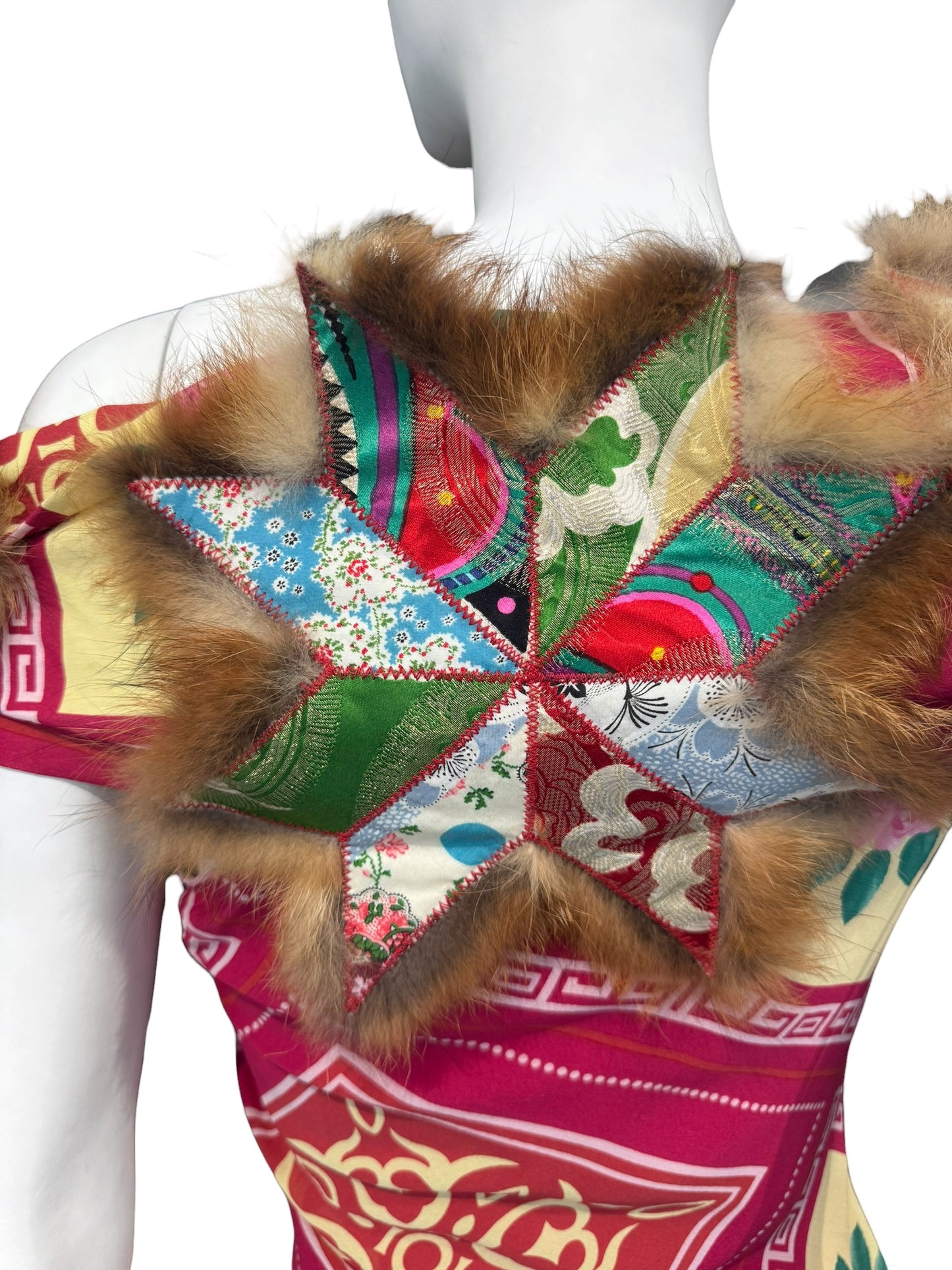 JOHN GALLIANO FW2002 PINK SILK & FUR FOLKLORIC FLORAL PRINT MIDI DRESS