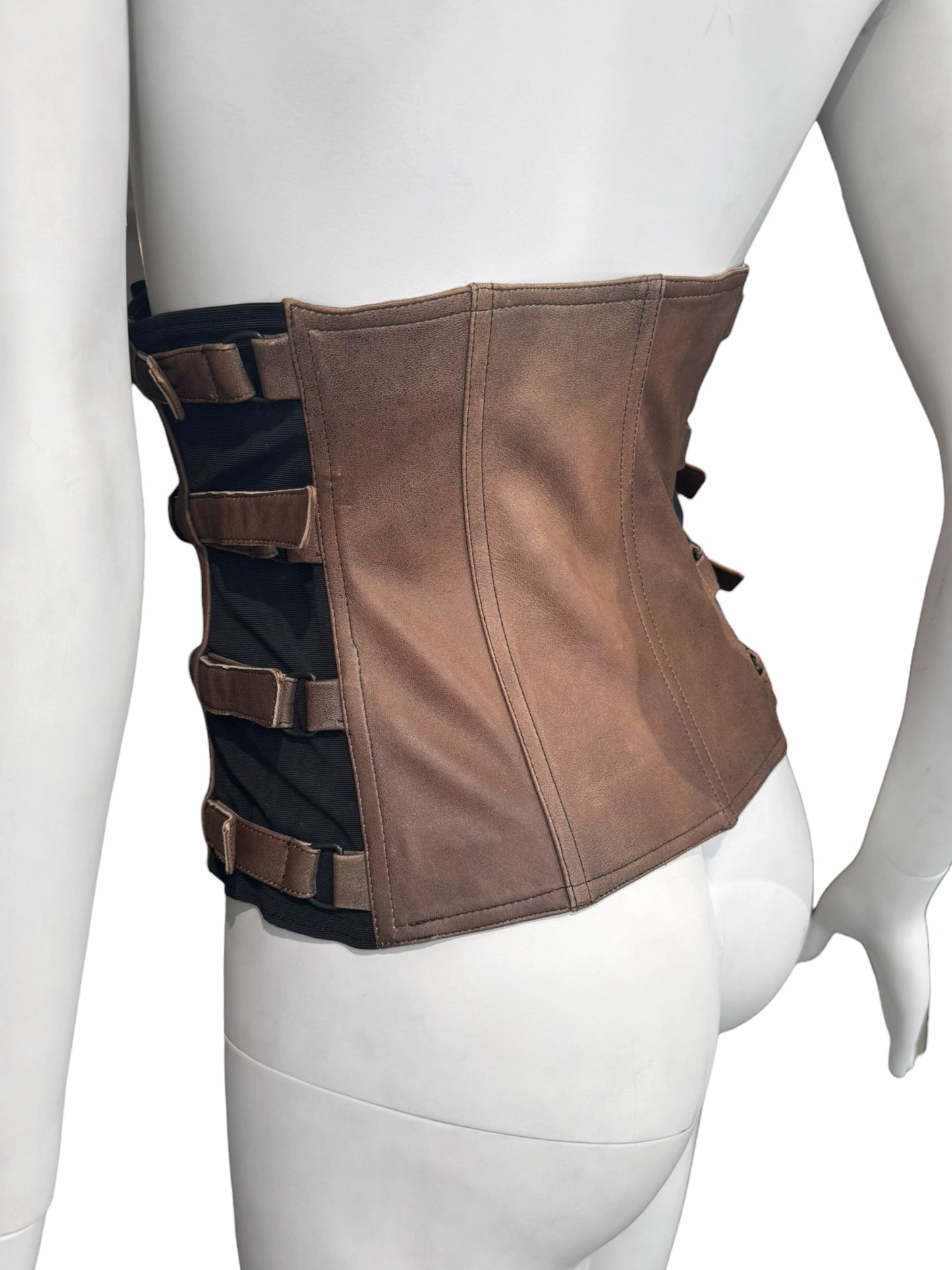 PLEIN SUD FW2001 BROWN LEATHER BONDAGE CORSET
