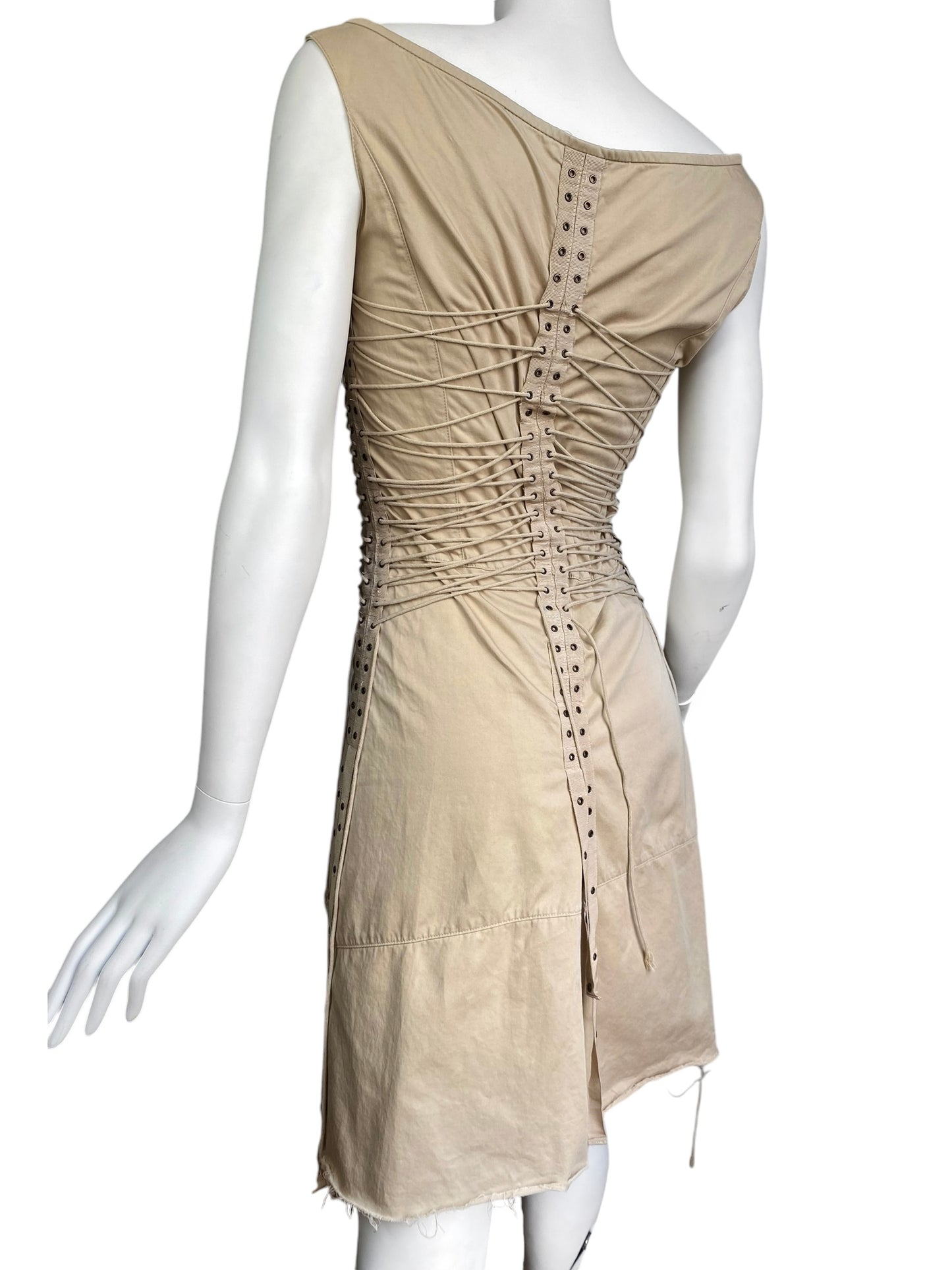 PLEIN SUD SS2003 BEIGE LACED-UP BONDAGE MIDI DRESS