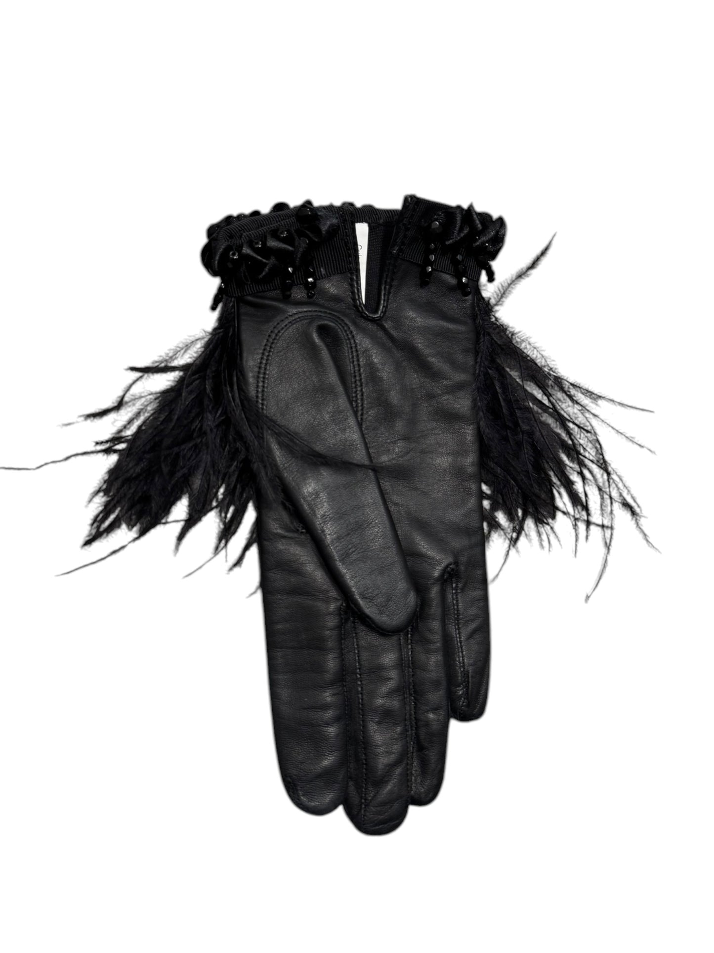 CHRISTIAN LACROIX 2000s BLACK LEATHER & OSTRICH FEATHERS EMBELLISHED CLUTCH & GLOVES
