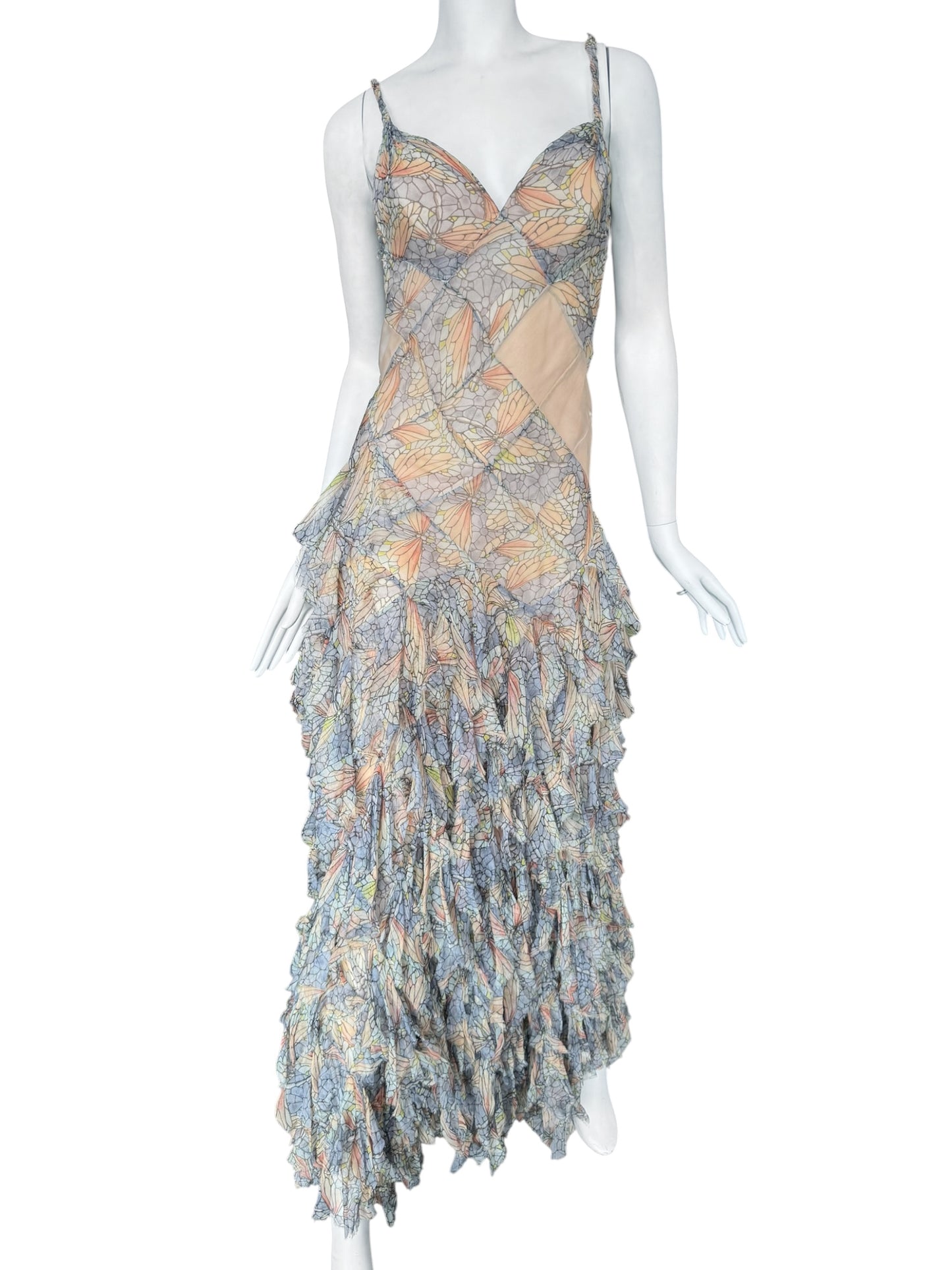 ALEXANDER MCQUEEN SS2004 ‘DELIVERANCE’ SILK STAINED GLASS BUTTERFLY PRINT RUFFLES MAXI DRESS