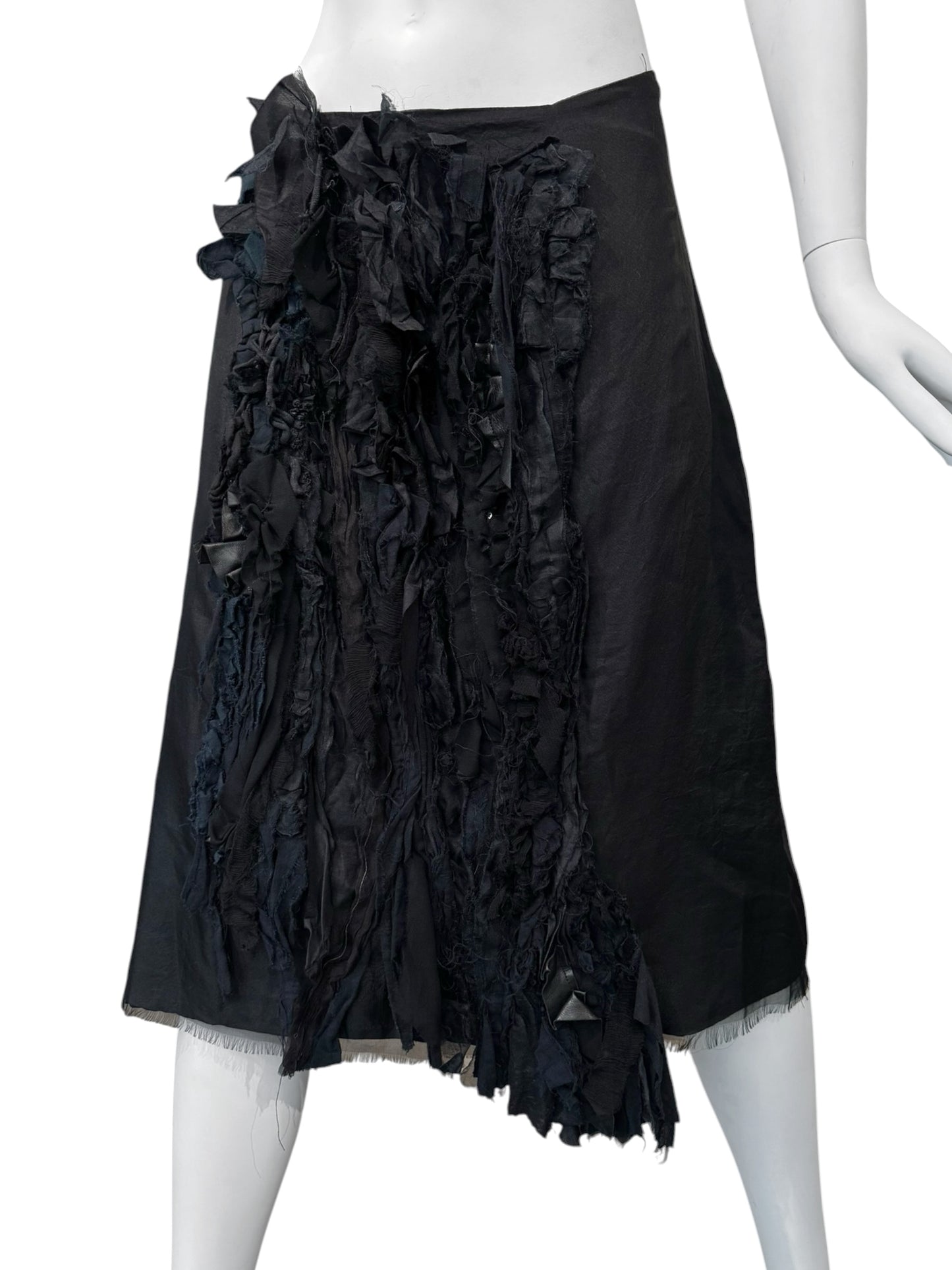 SANDRINE PHILIPPE 2000s BLACK FRAYED FABRIC APPLIQUÉ MIDI SKIRT