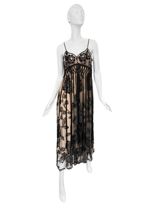 FAYÇAL AMOR 2019 BEIGE & BLACK FLORAL FRINGES MAXI DRESS