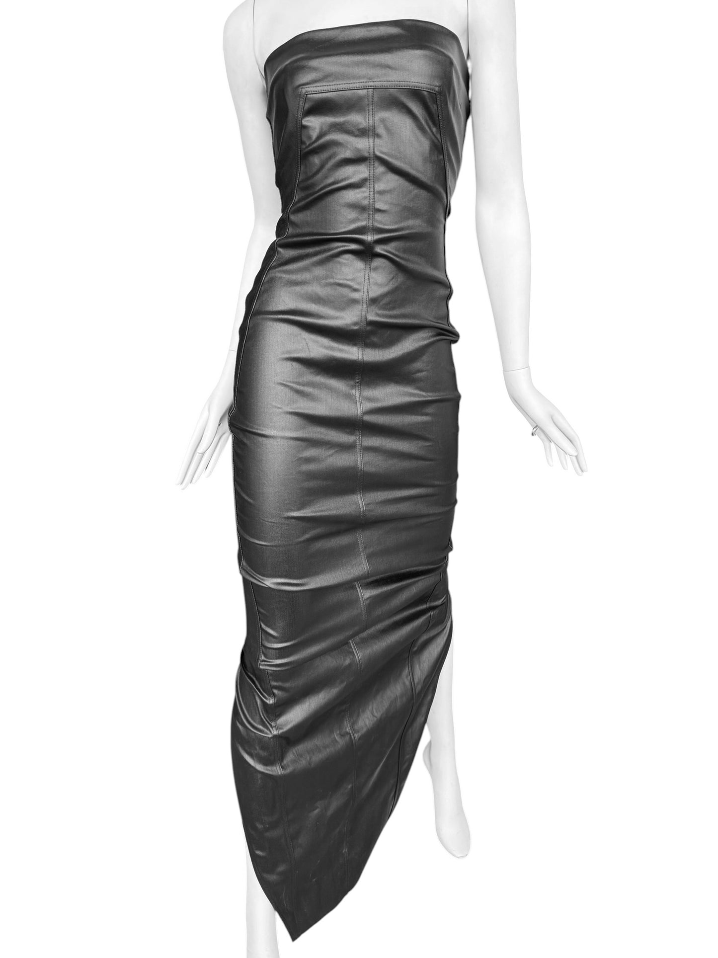RICK OWENS SS2024 «LIDO» BLACK COATED DENIM BUSTIER MAXI DRESS