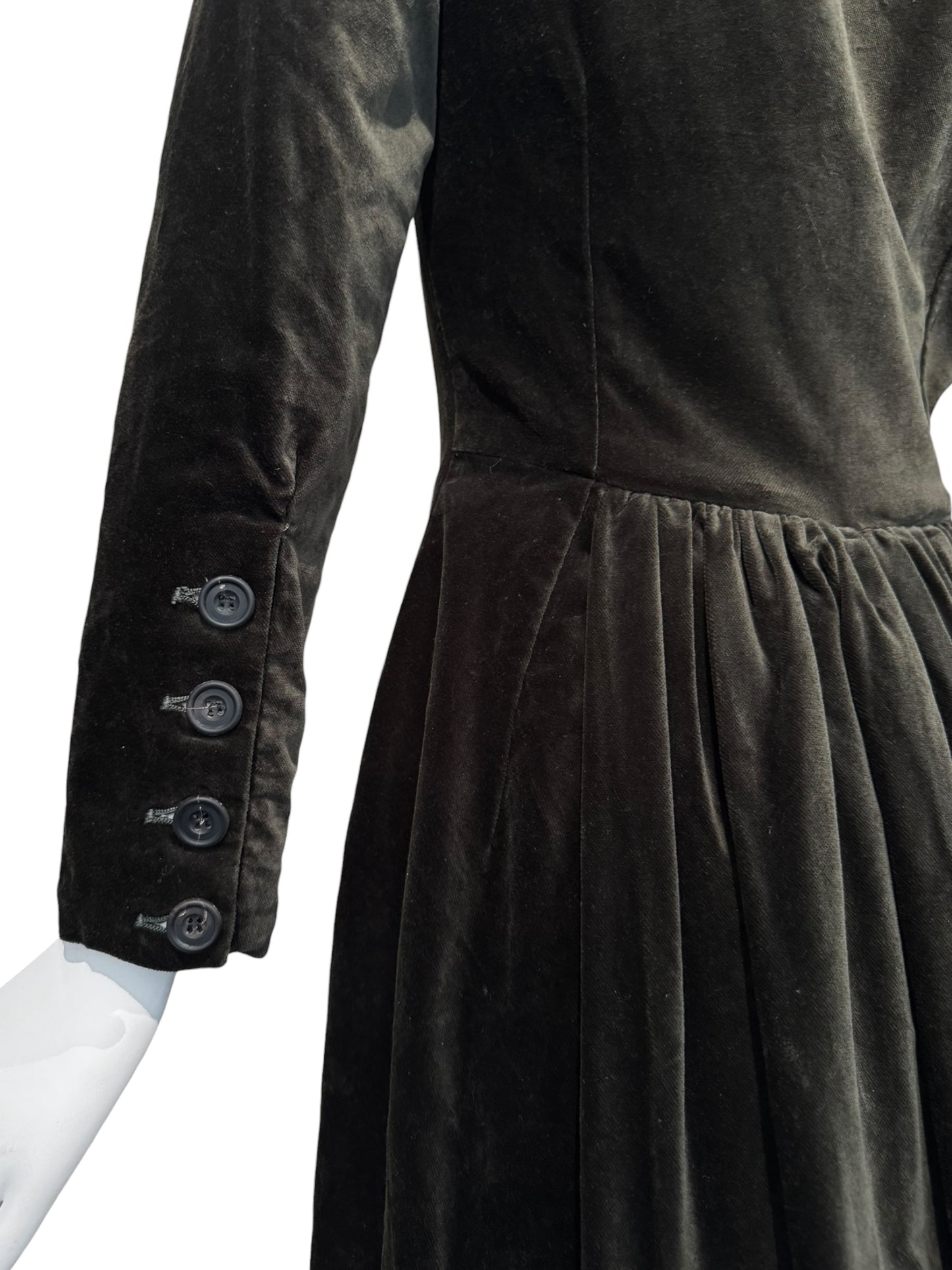 PAUL HARNDEN SHOEMAKERS 2000s DARK OLIVE VELVET MAXI ASYMMETRIC BUTTON MAXI DRESS