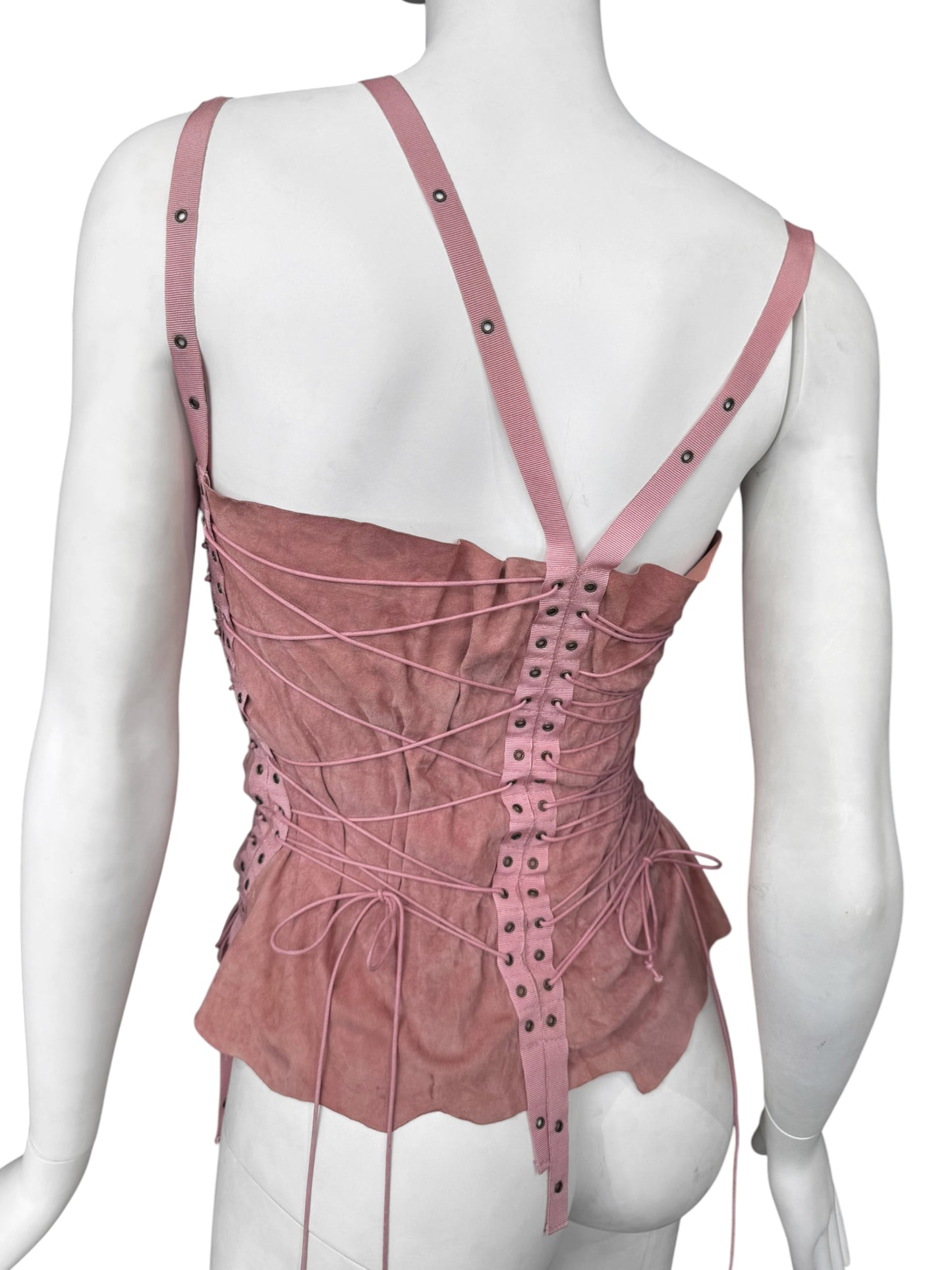 PLEIN SUD SS2003 PINK LEATHER LACE-UP BONDAGE TANK TOP