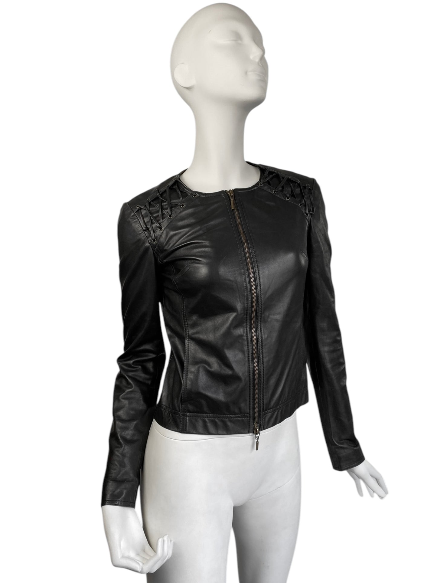 PLEIN SUD 2000s BLACK LEATHER LACED SHOULDERS JACKET