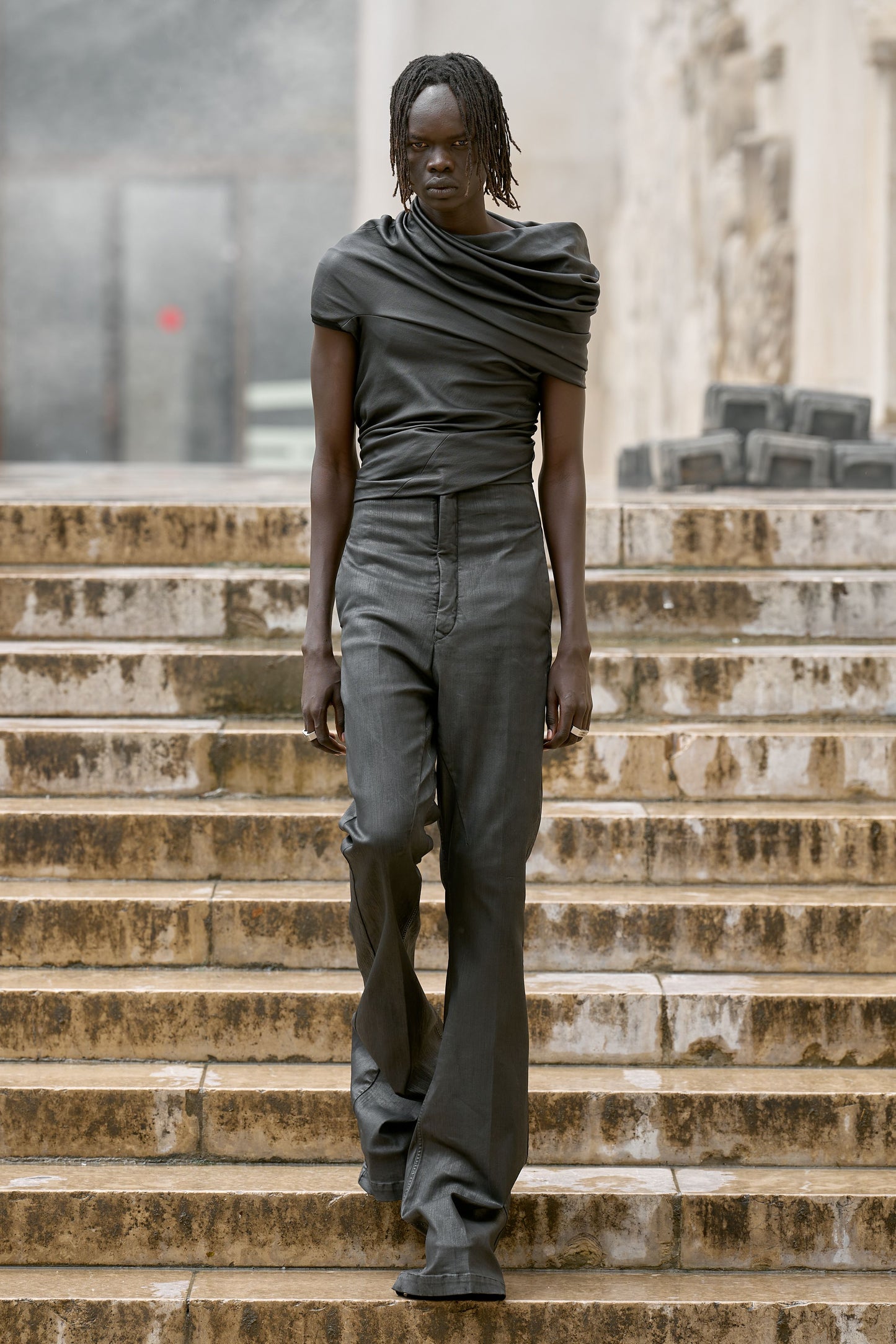 RICK OWENS SS2024 «LIDO» BLACK LEATHER DRAPED TANK TOP