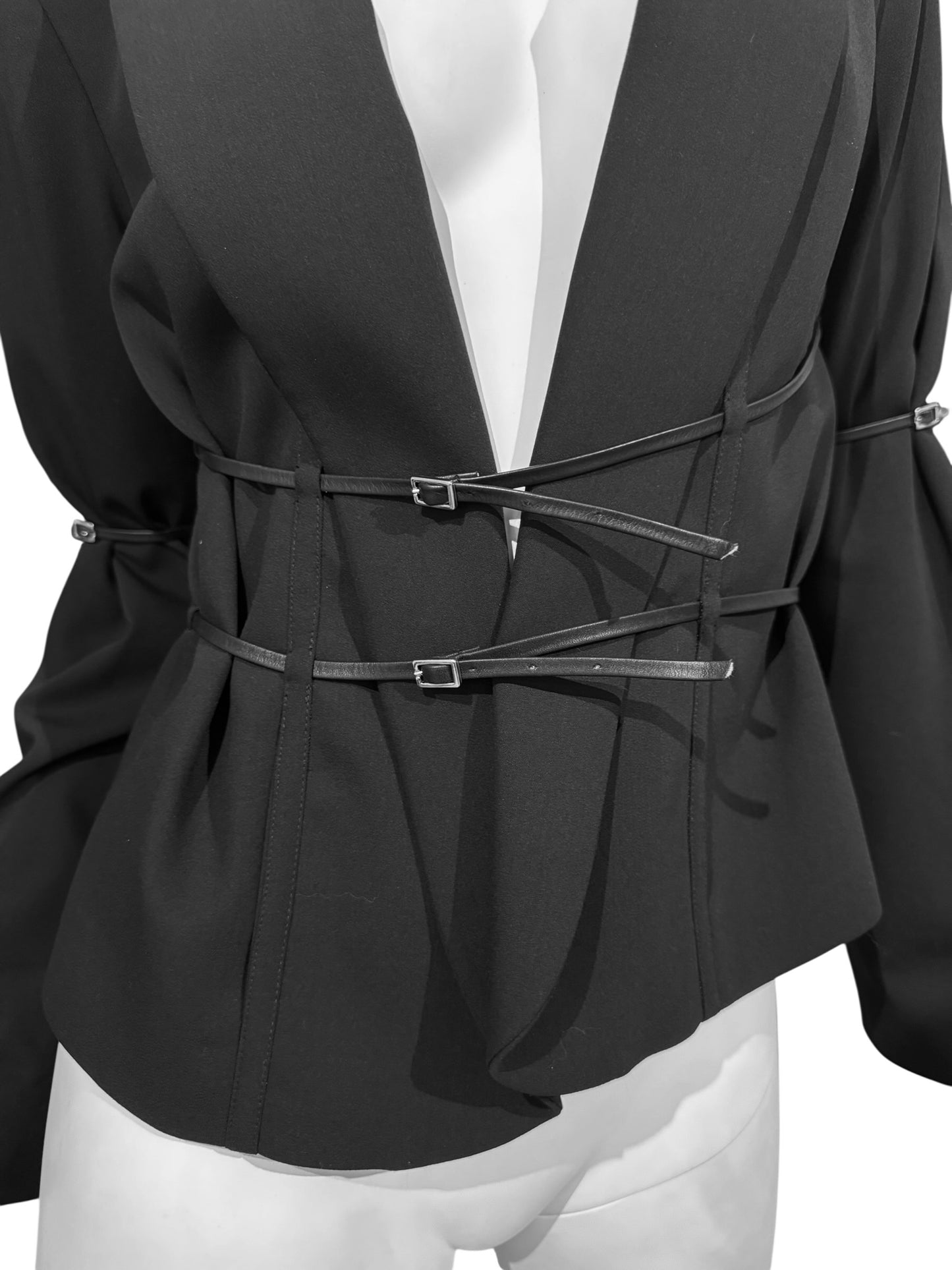 PLEIN SUD 1990s BLACK WOOL LEATHER STRAPS BLAZER