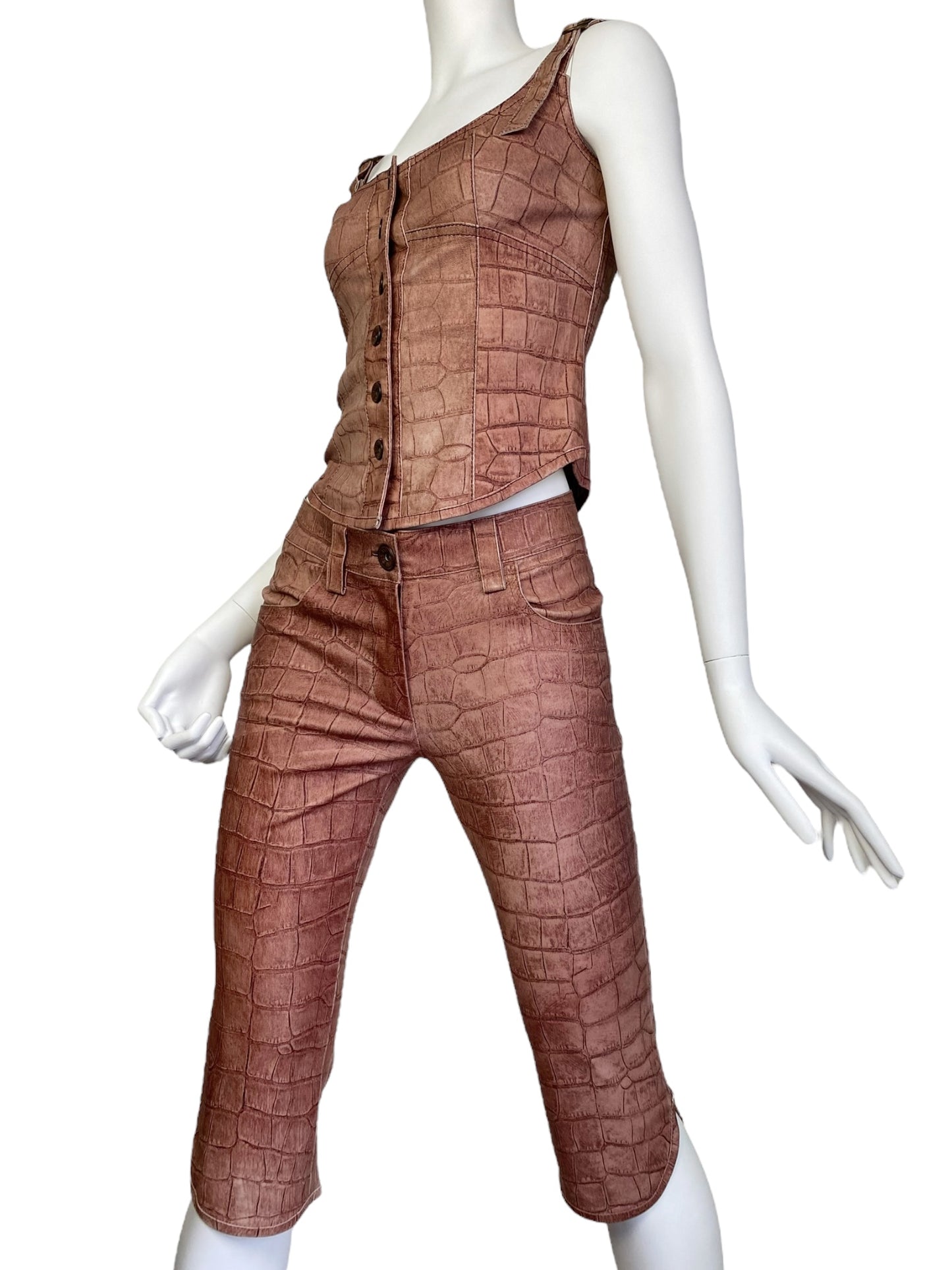 PLEIN SUD JEANS 2000s COPPER LEATHER CROCODILE EMBOSSED 2p. SET (CORSET + CAPRI PANTS)