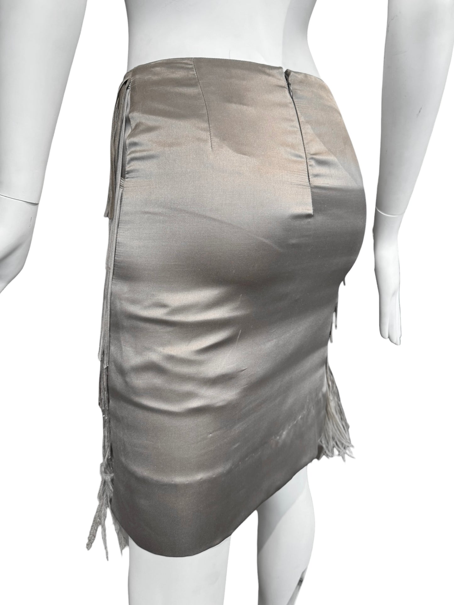 ALESSANDRO DELL’ACQUA SS2009 GREY SILK, OSTRICH FEATHERS & PEARLS FRINGES MIDI SKIRT