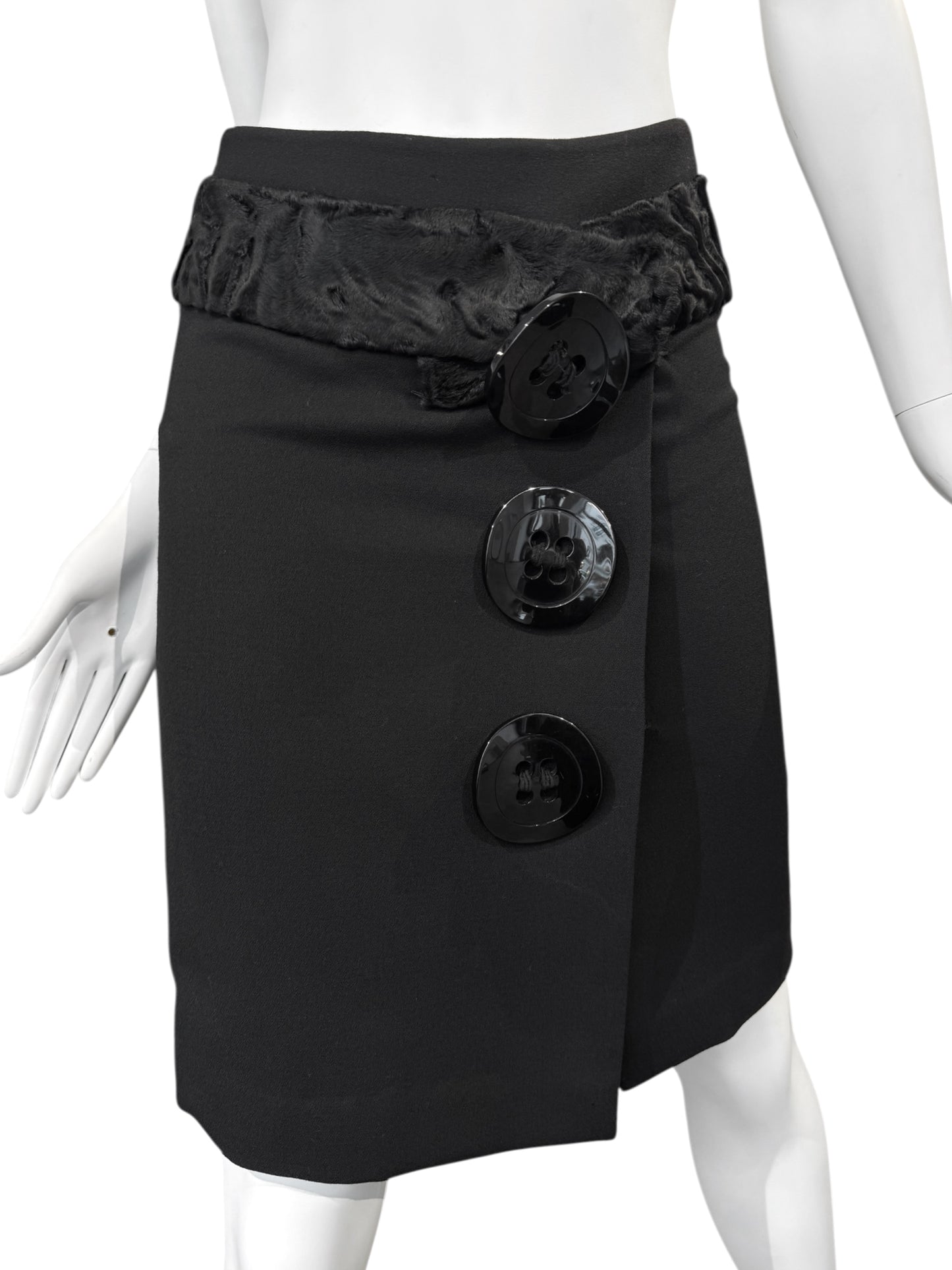 DOLCE & GABBANA FW2005 BLACK WOOL ASTRAKAN FUR TRIM BUTTONS SKIRT SUIT