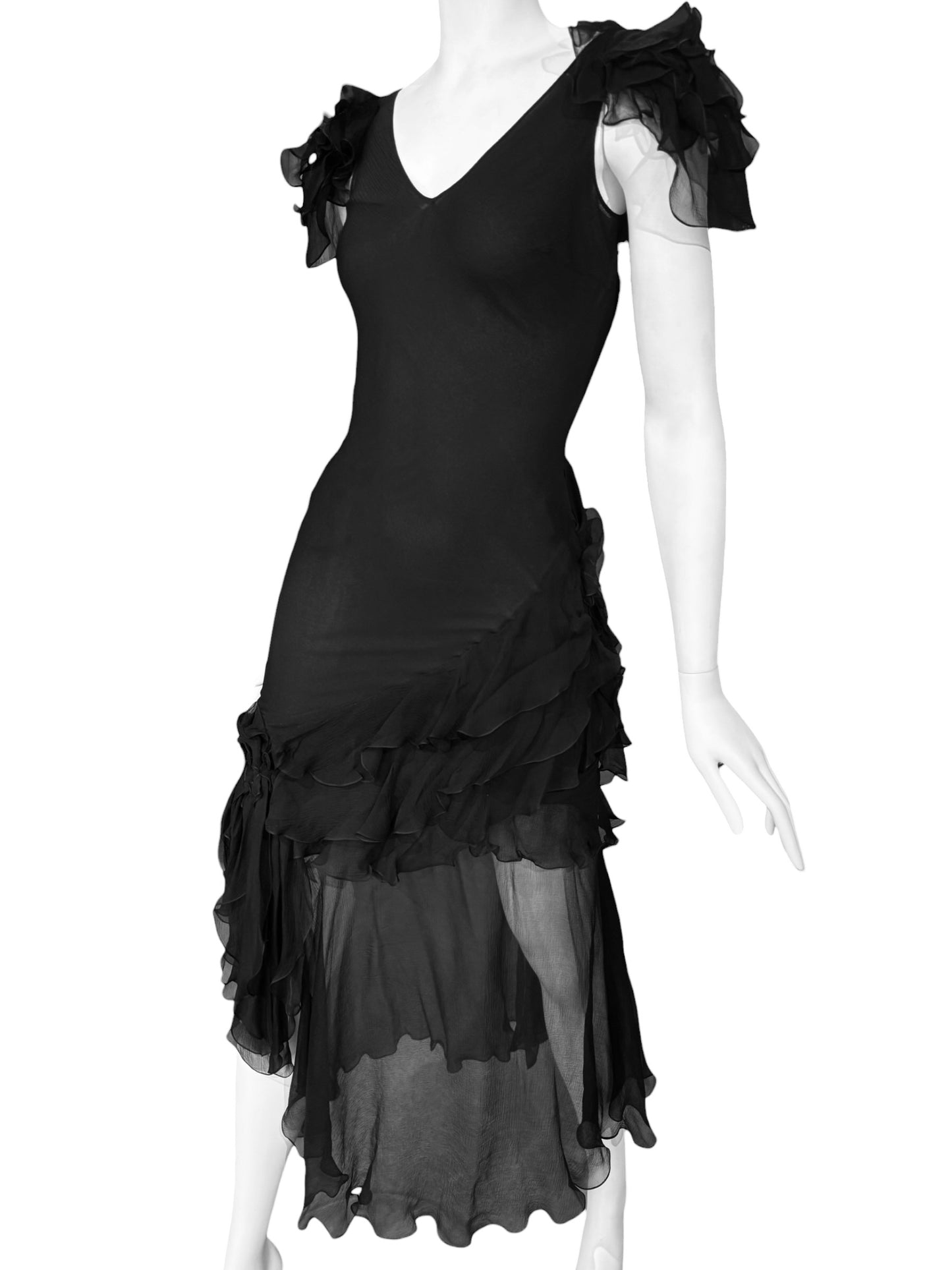 JOHN GALLIANO FW2004 BLACK SILK RUFFLES MAXI DRESS