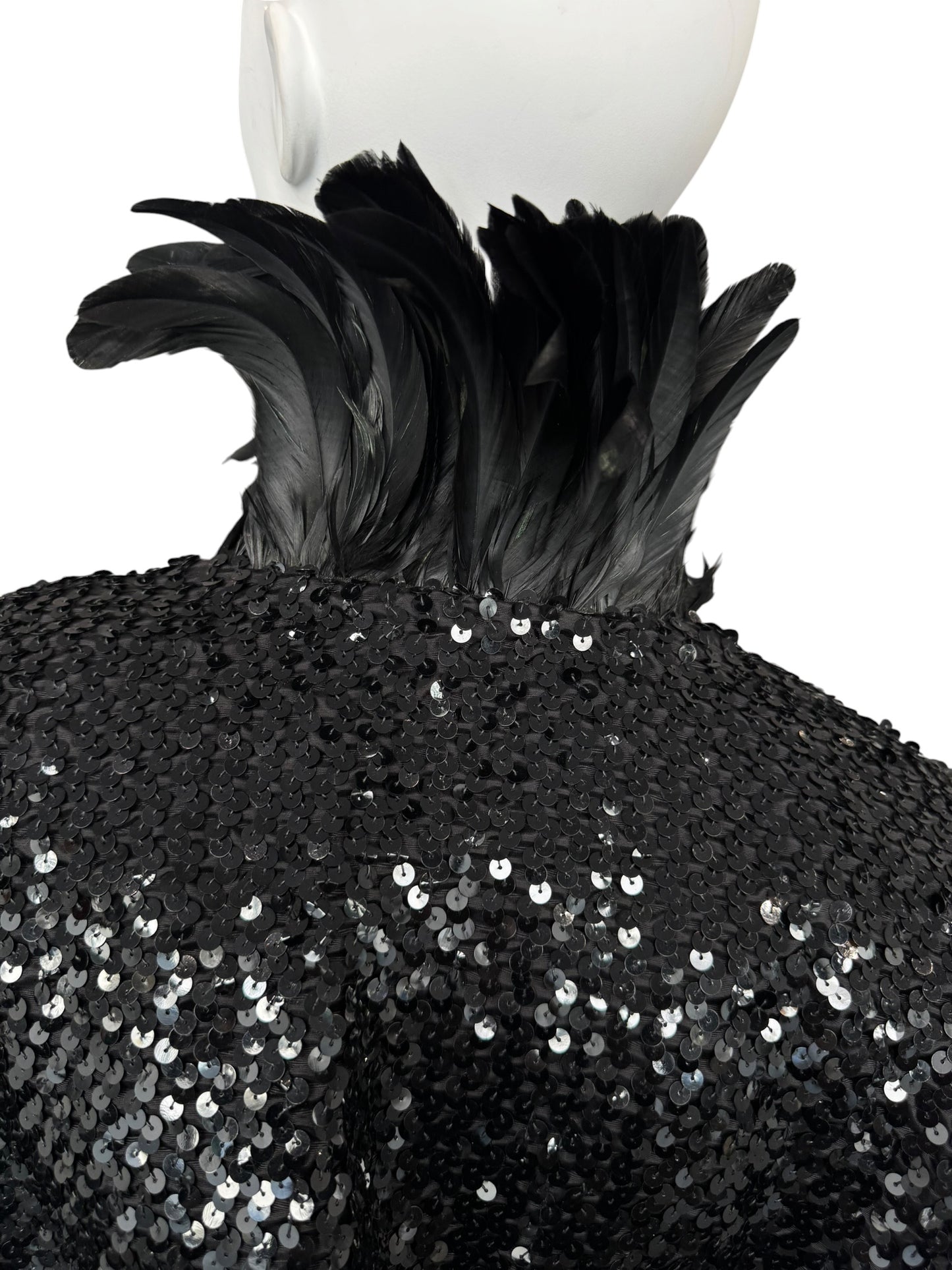 JEAN VARON 1960s BLACK SEQUINS & ROOSTER FEATHERS COLLAR JACKET