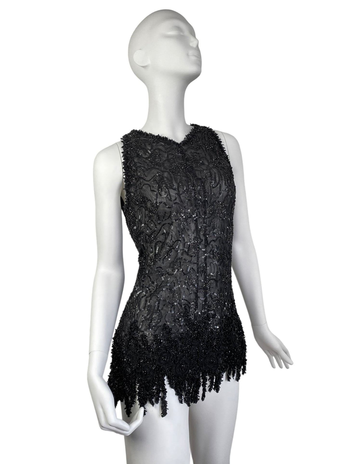 VALENTINO 1990s BLACK SILK TULLE BEADED MINI DRESS