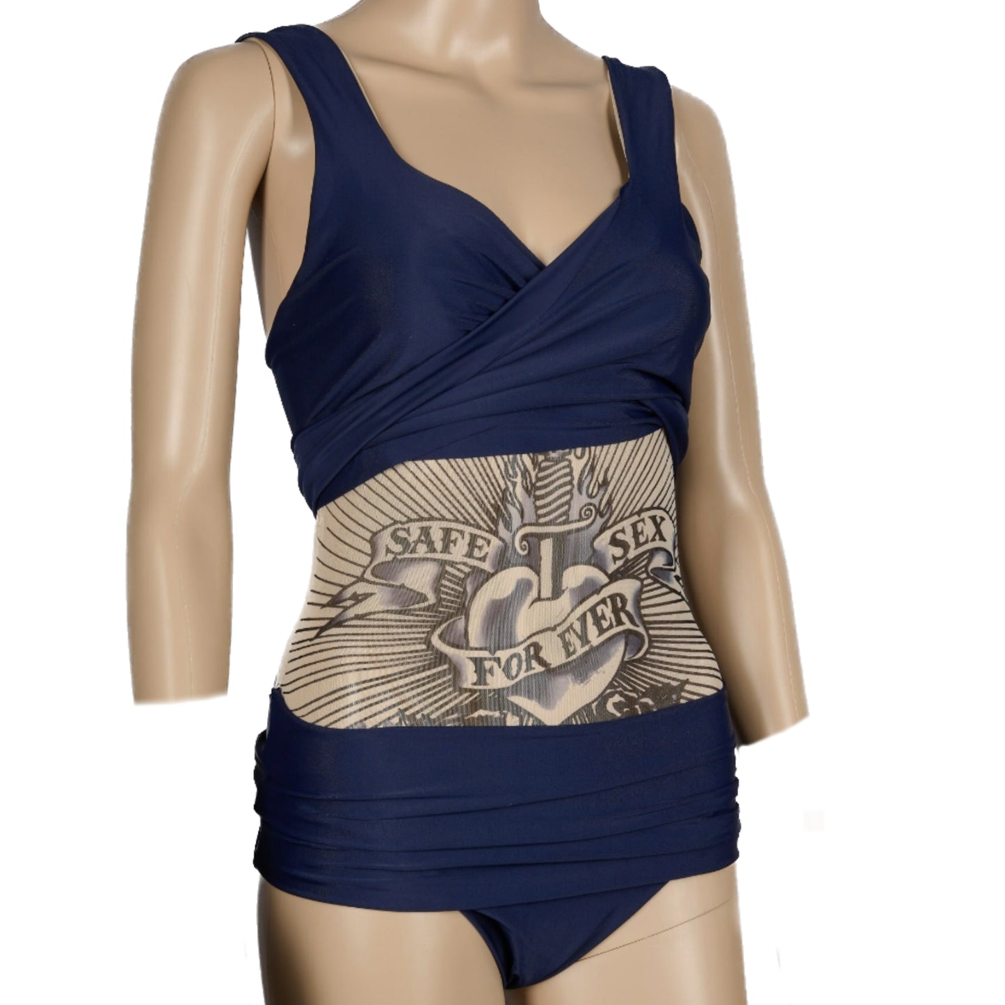 JEAN-PAUL GAULTIER SS1996 « SAFE SEX FOREVER » BEIGE & BLUE MESH SWIMSUIT