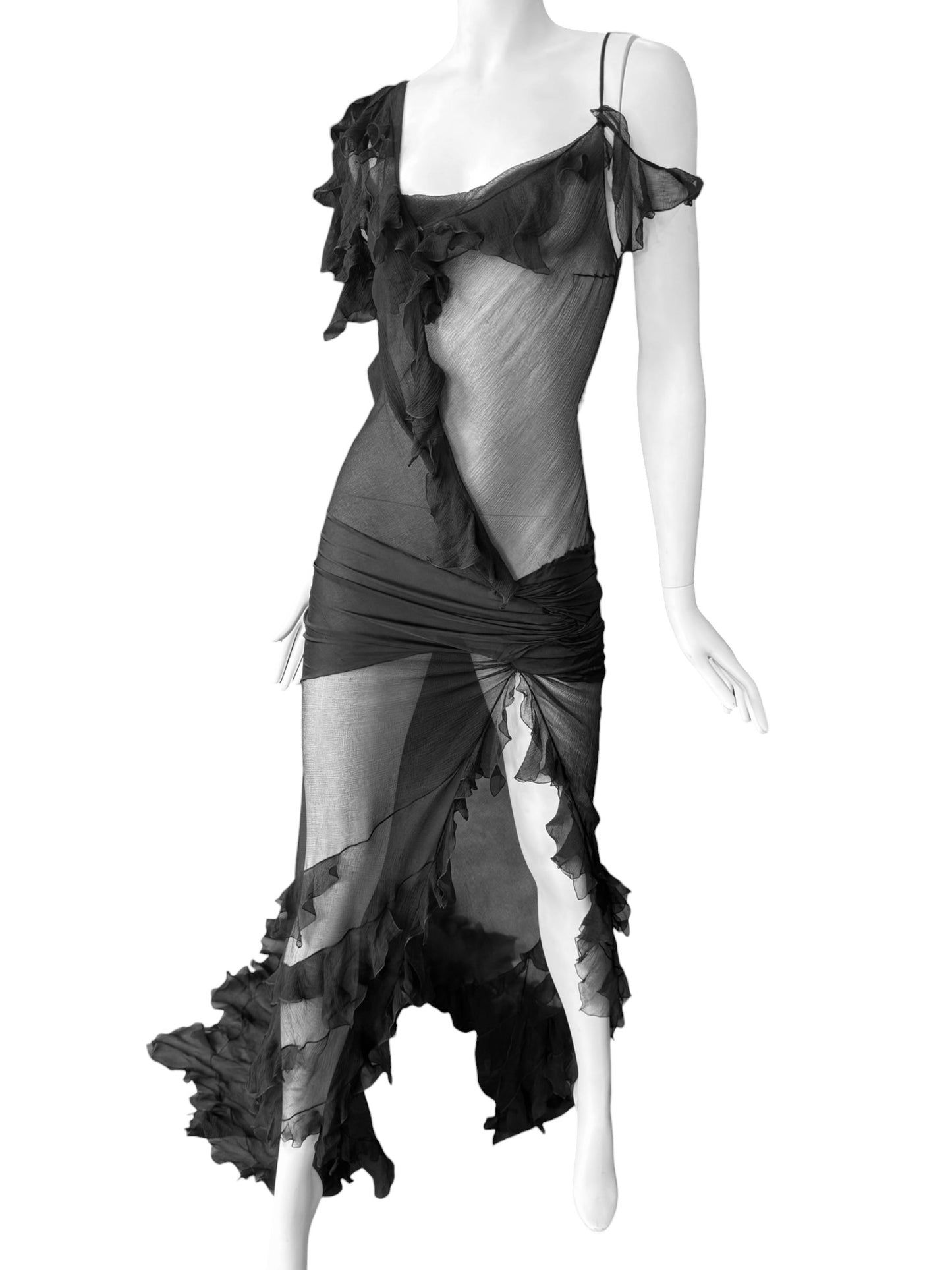 CHRISTIAN DIOR FW2006 BY JOHN GALLIANO BLACK SILK ASYMMETRICAL RUFFLES TRAIN MAXI DRESS