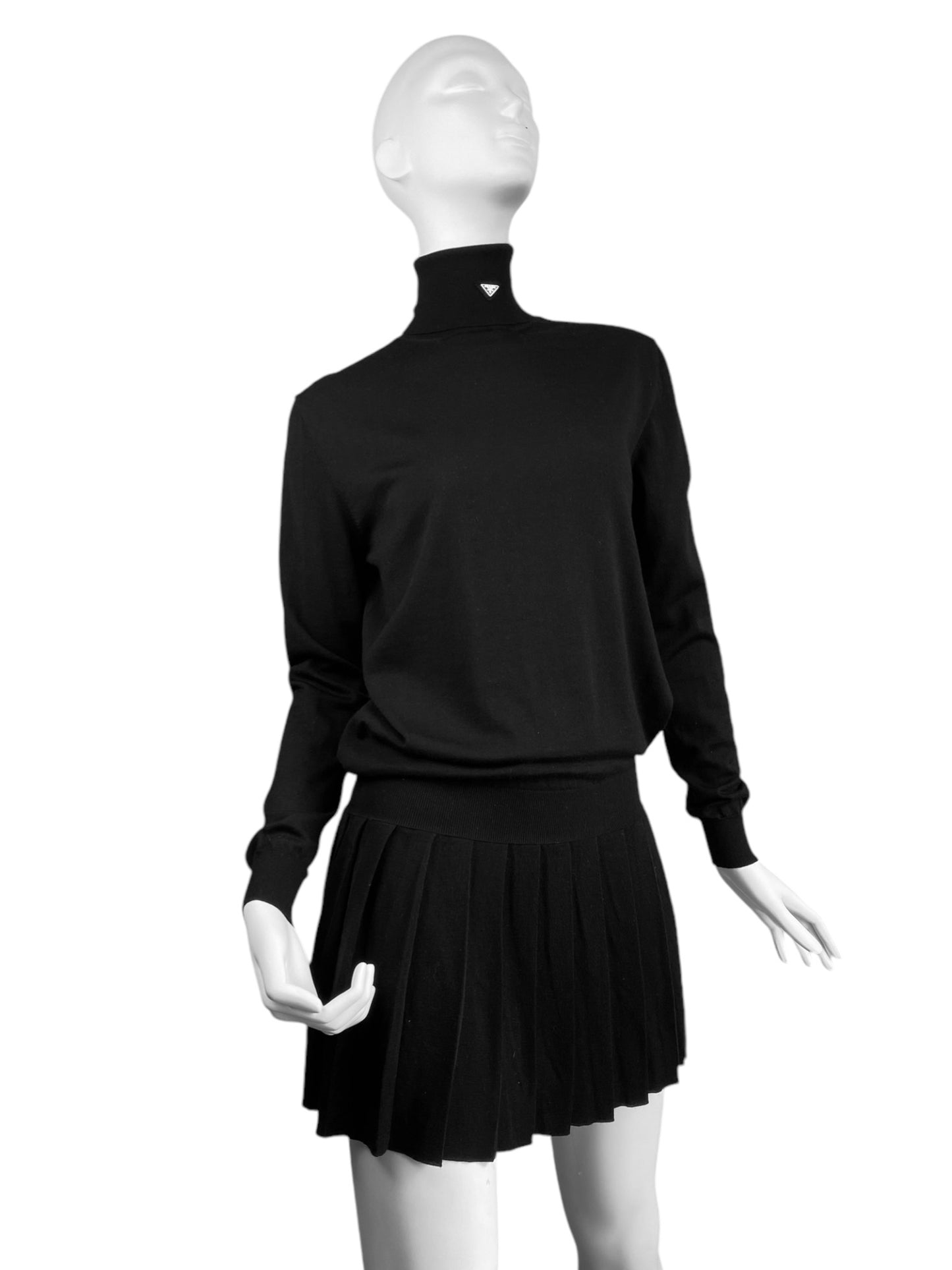 PRADA FW2022 BLACK WOOL PLEATED MINI DRESS