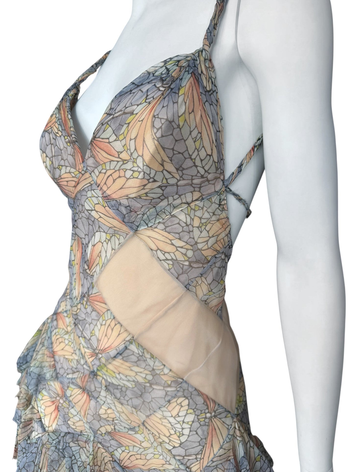 ALEXANDER MCQUEEN SS2004 ‘DELIVERANCE’ SILK STAINED GLASS BUTTERFLY PRINT RUFFLES MAXI DRESS
