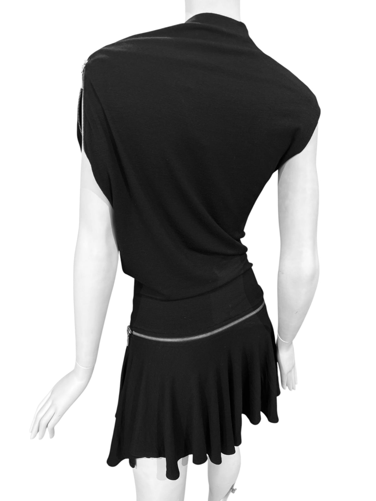 PLEIN SUD FW2003 BLACK ASYMMETRICAL ZIP MINI DRESS