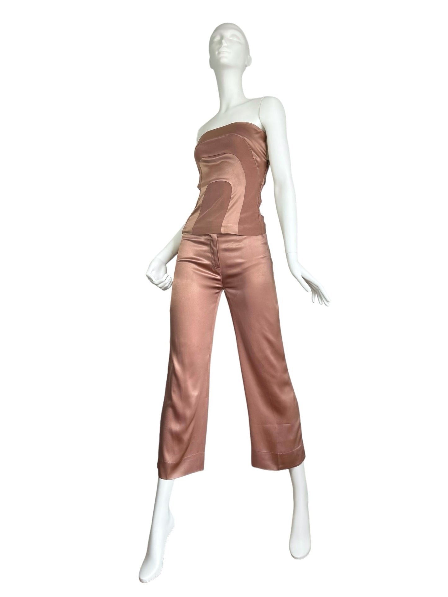 FAYÇAL AMOR SS2003 ROSE GOLD SATIN WIDE LEG CAPRI PANTS