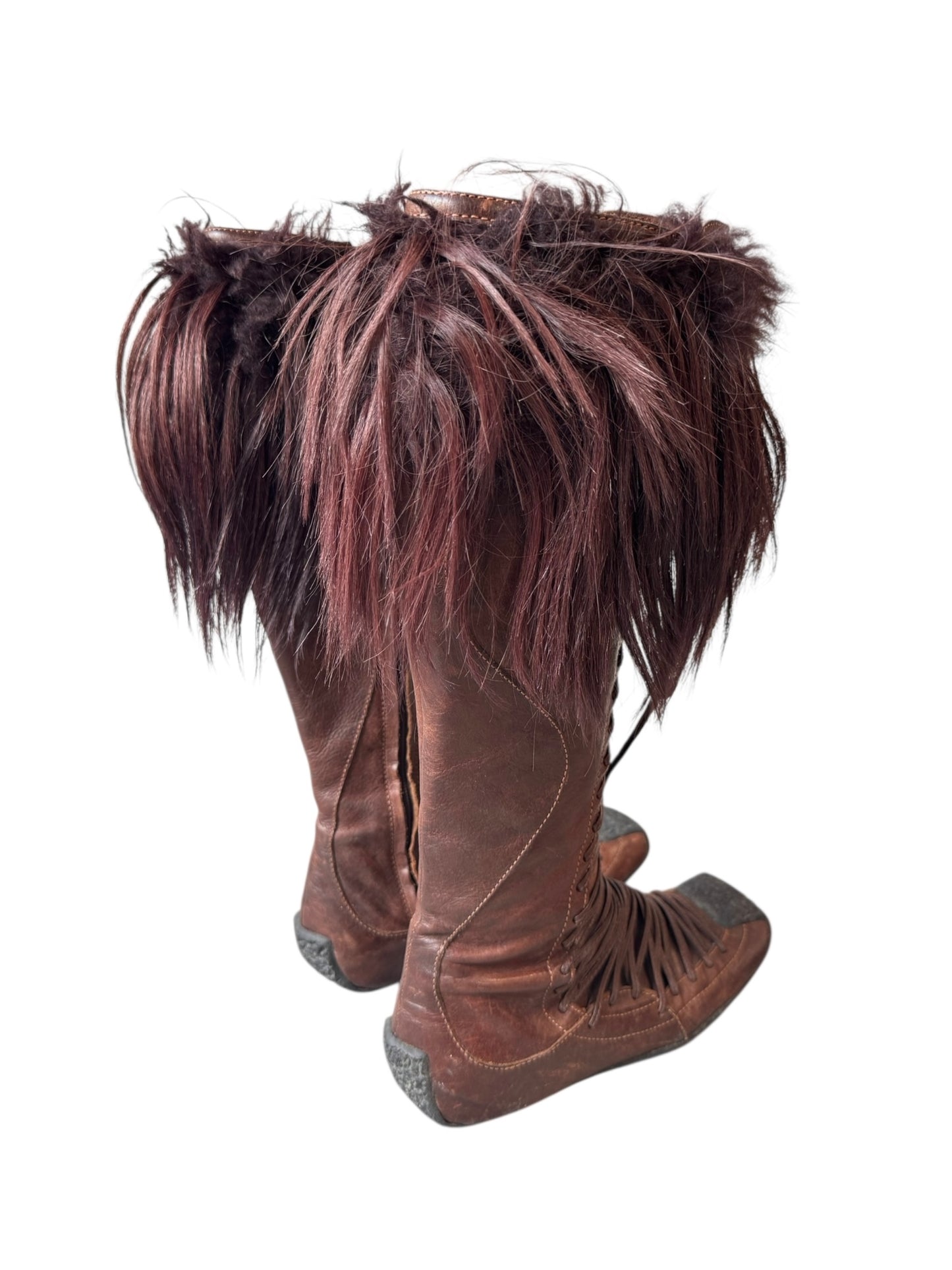 DIOR FW2002 BY GALLIANO BROWN LEATHER & FUR LACE-UP BOOTS