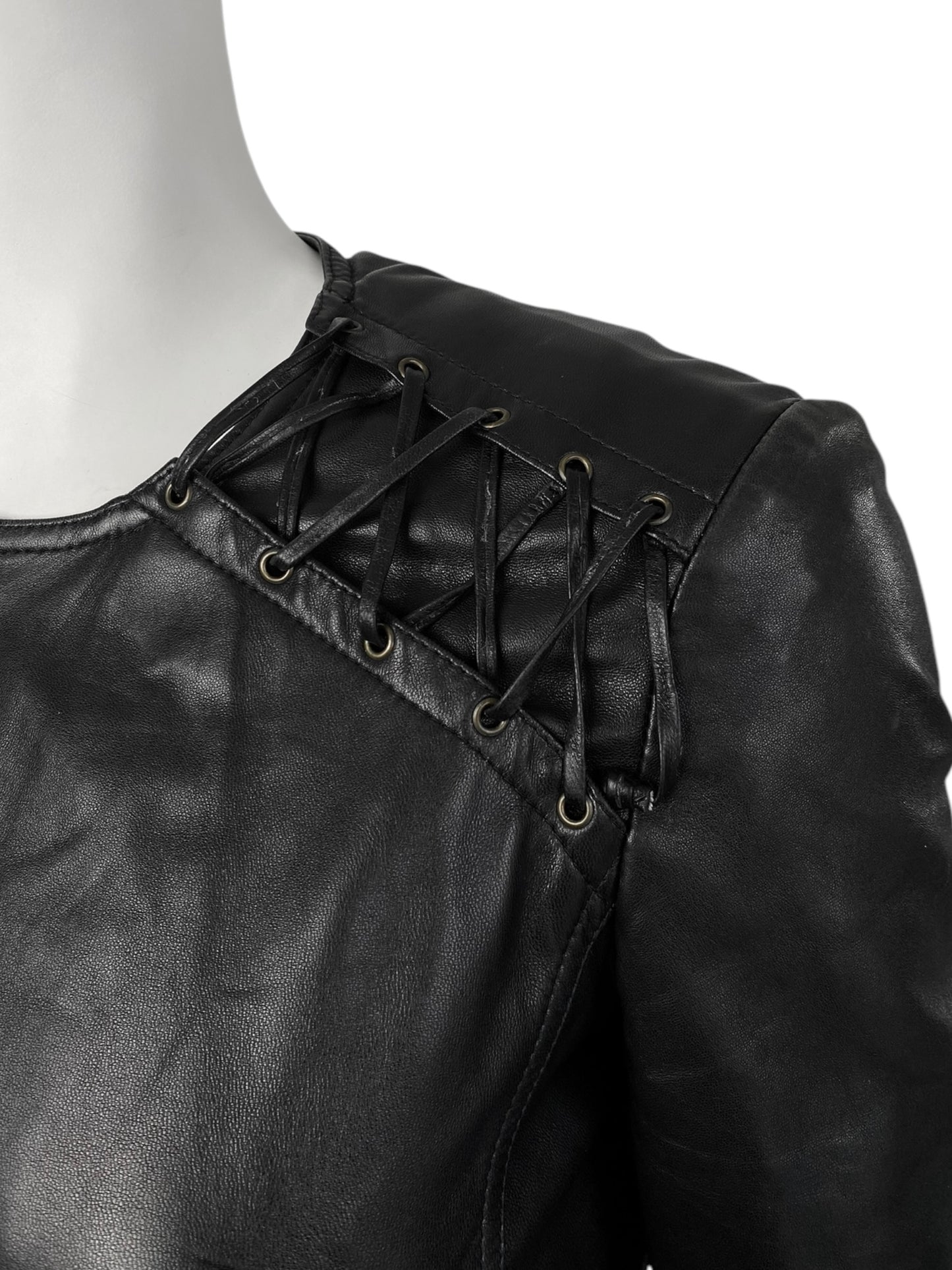 PLEIN SUD 2000s BLACK LEATHER LACED SHOULDERS JACKET