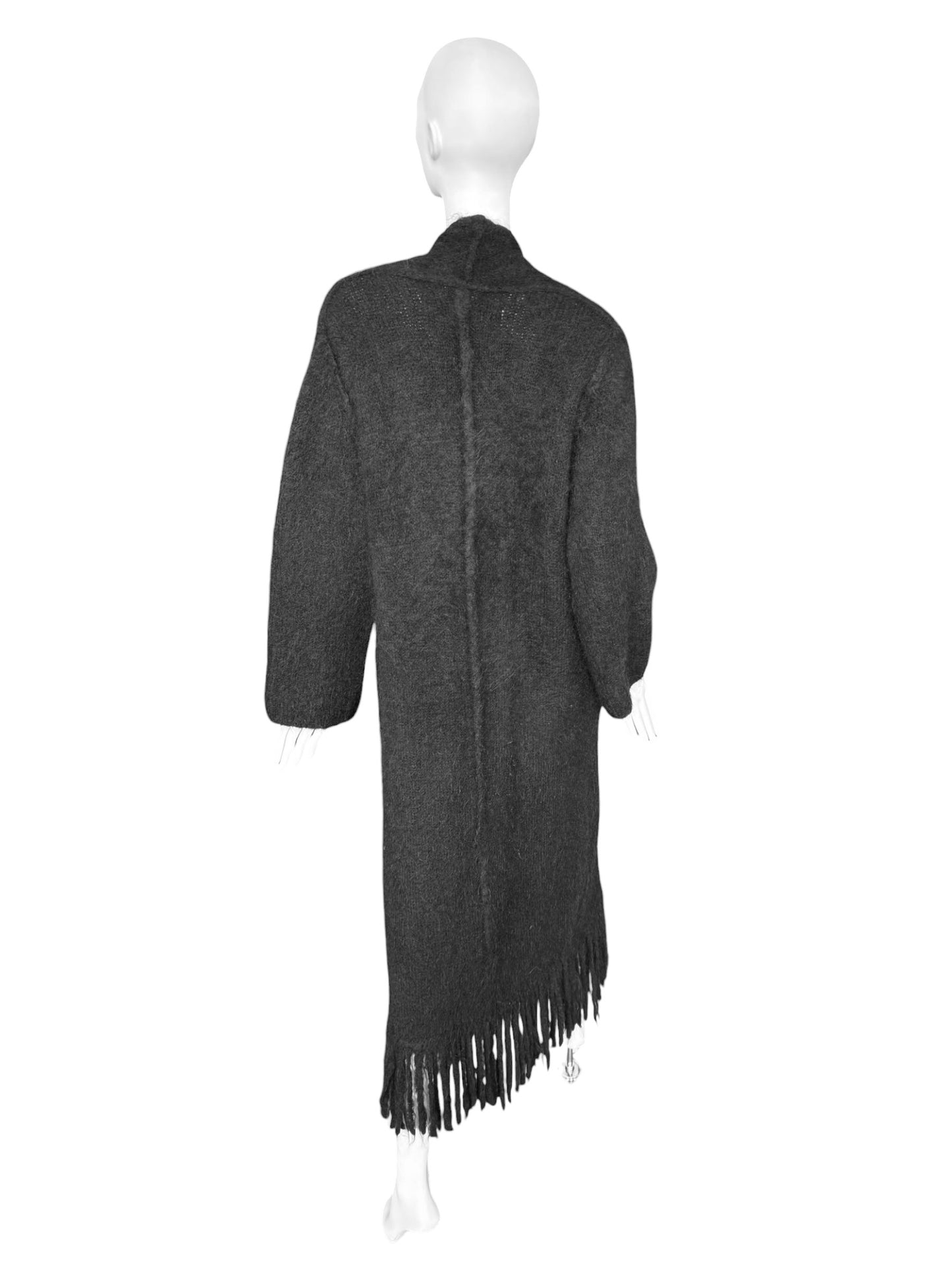ISABEL BENENATO FW2020 BLACK WOOL & MOHAIR BLEND FRINGES MAXI COAT