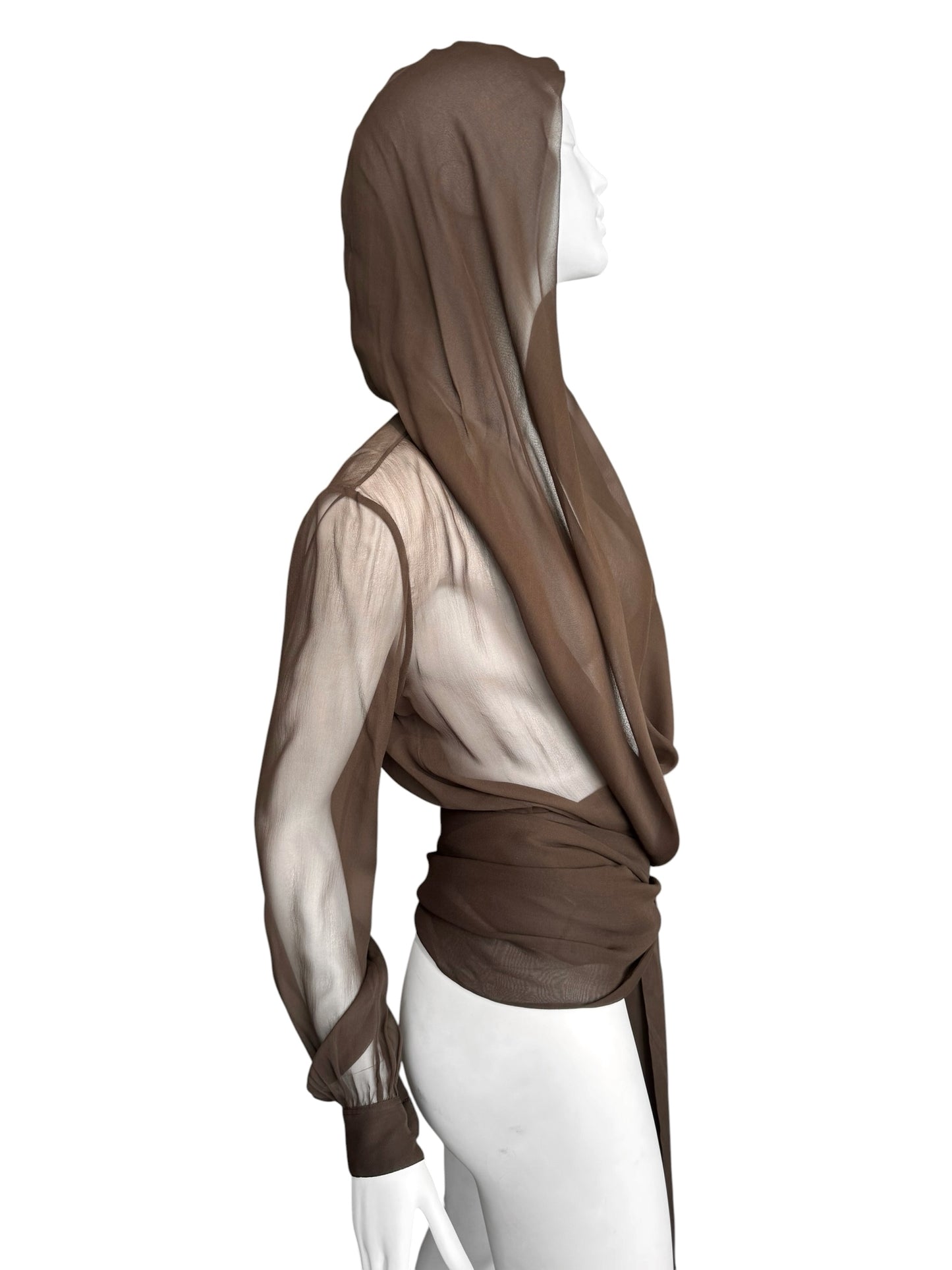 SAINT LAURENT PRE-FALL 2023 BY ANTHONY VACCARELLO BROWN SILK HOODED WRAP BLOUSE