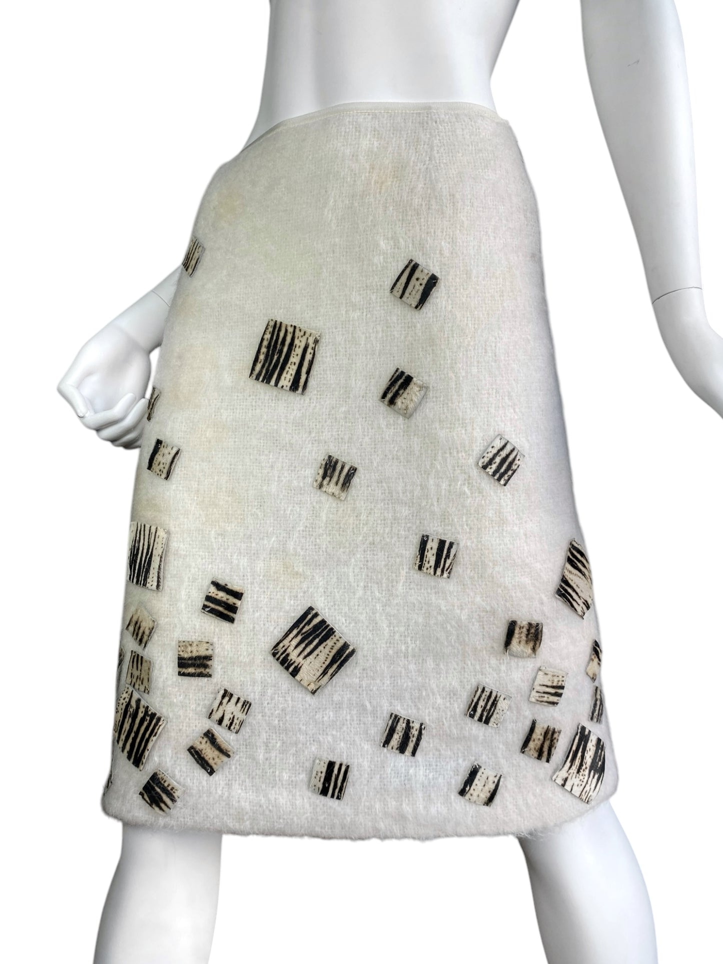 FENDI 1980s BY KARL LAGERFELD CREAM MOHAIR ZEBRA HAIRY LEATHER SQUARES MIDI SKIRT