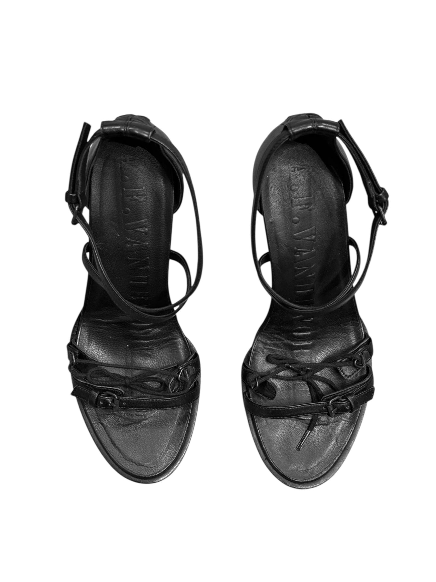 A.F. VANDEVORST SS2013 BLACK LEATHER LACE-UP HEELED SANDALS