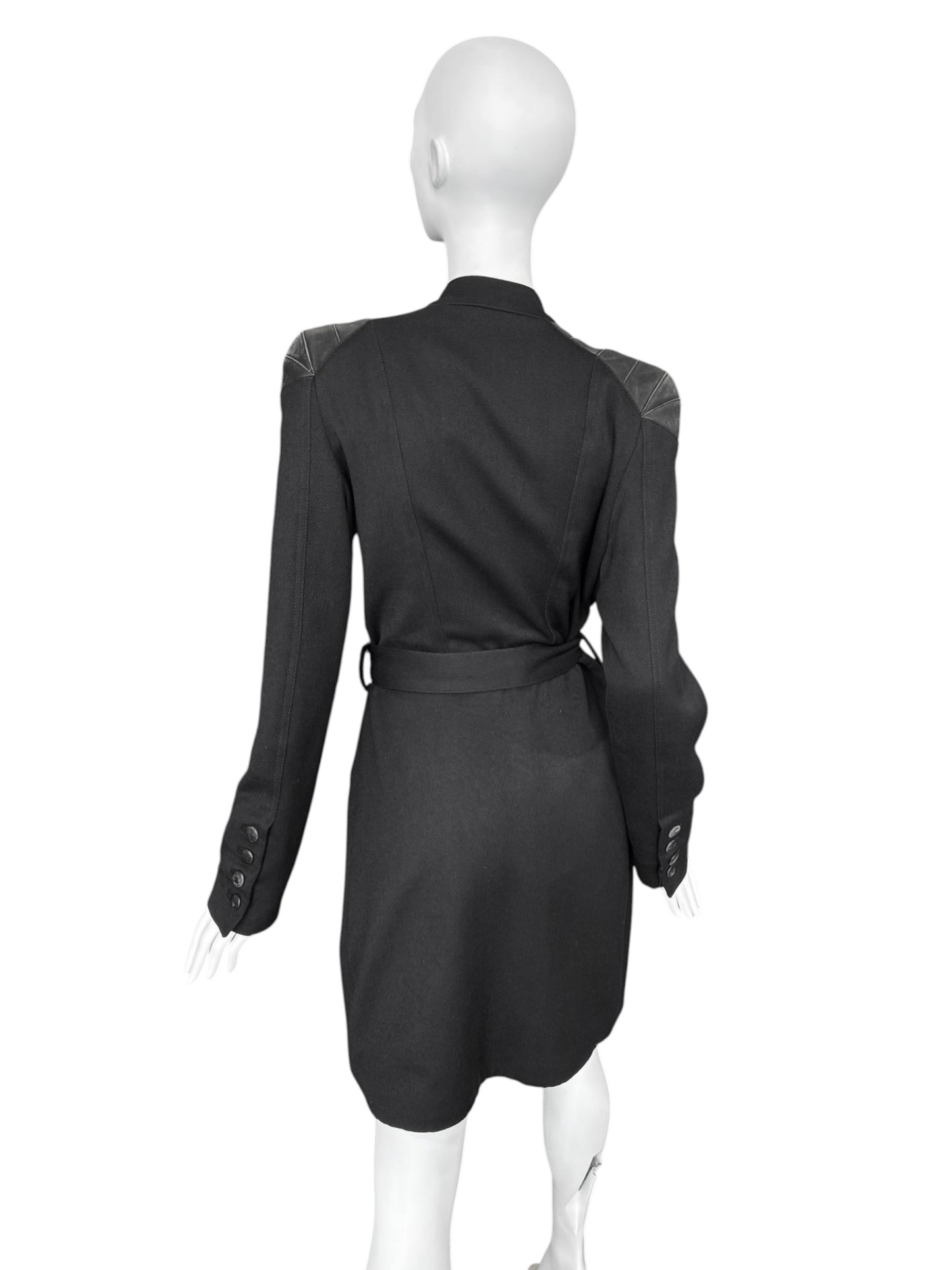 KAVIAR GAUCHE 2010s BLACK WOOK & LEATHER DOUBLE BREASTED COAT