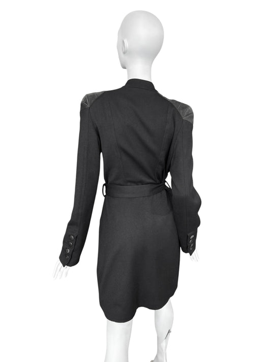 KAVIAR GAUCHE 2010s BLACK WOOK & LEATHER DOUBLE BREASTED COAT