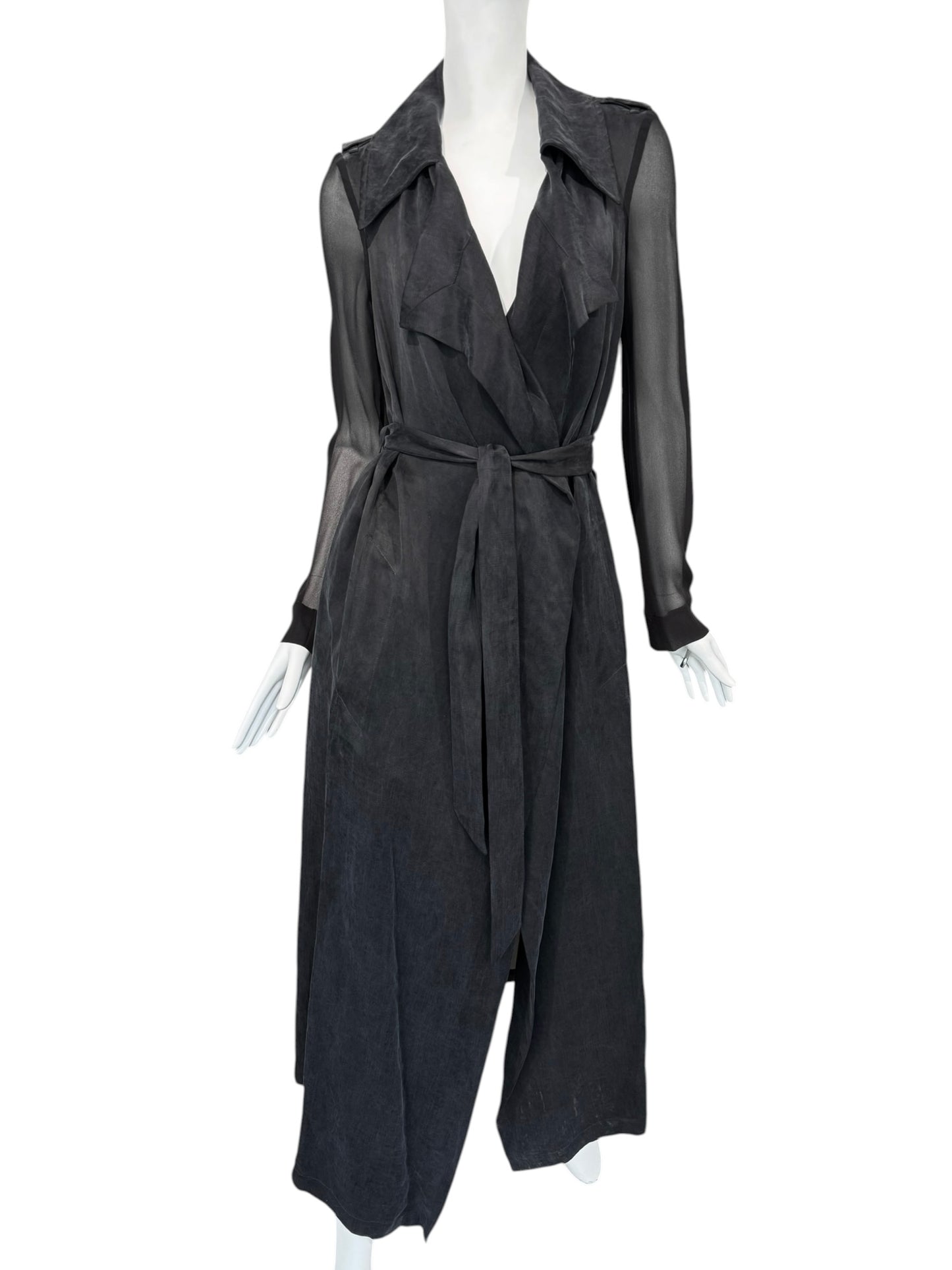 FAYÇAL AMOR 2010s DARK BLUE & BLACK LINEN & SILK MAXI COAT