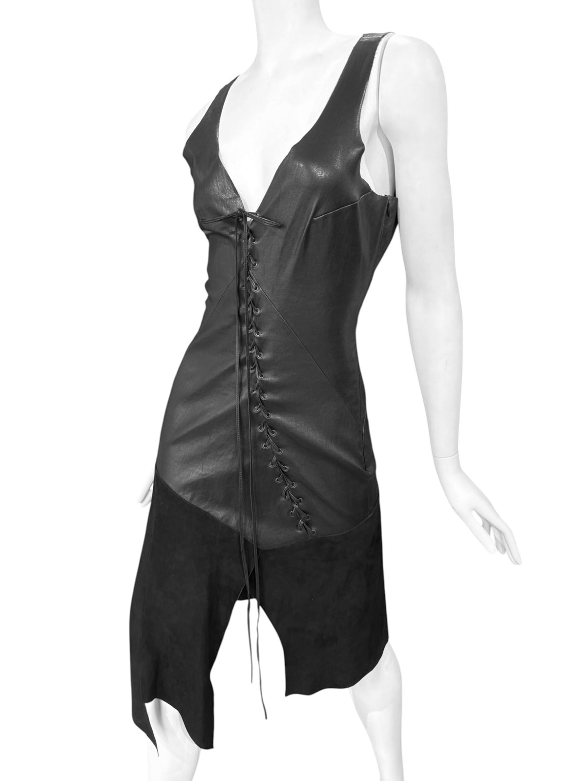 JITROIS 2000s BLACK LEATHER LACE-UP MIDI DRESS
