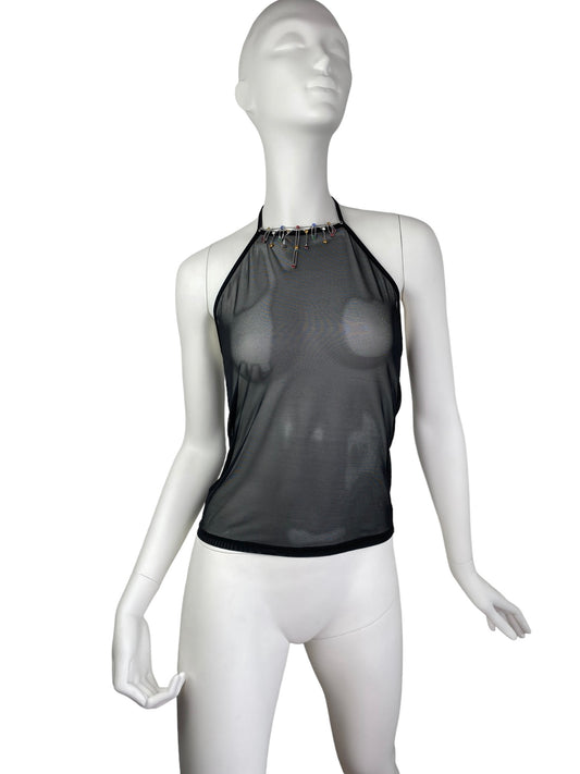 2000s BLACK MESH NECKLACE HALTERNECK TOP