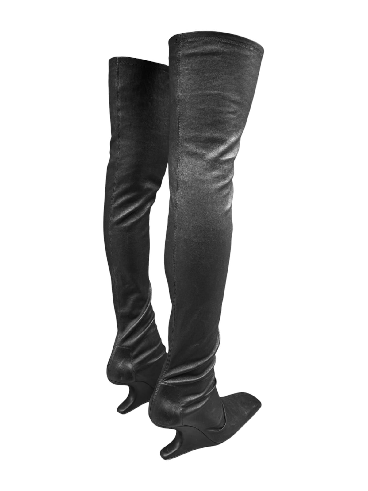 RICK OWENS 2020s BLACK LEATHER CANTILEVER TIGH-HIGH BOOTS