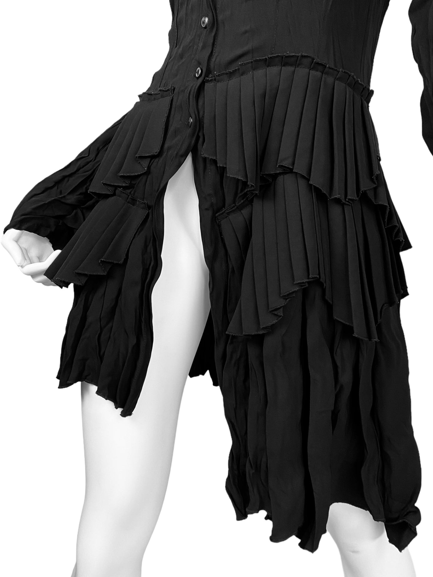 LEIKO 2000s BLACK ASYMMETRICAL PLEATED LONG SHIRT