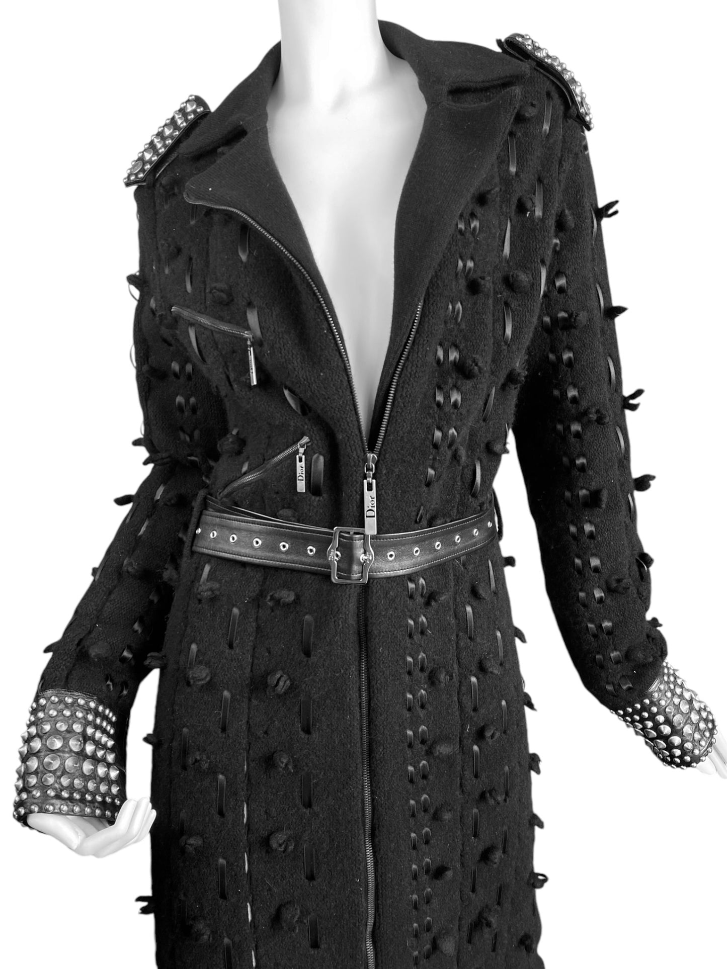 DIOR FW2004 BY GALLIANO BLACK WOOL LACED STUDDED MAXI COAT