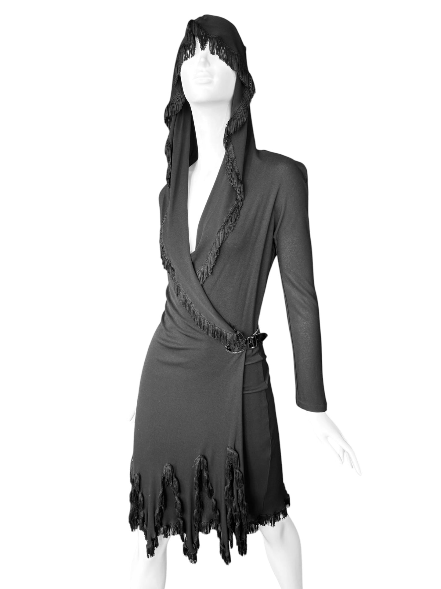 JEAN PAUL GAULTIER 2000s BLACK FRINGES HOODED MIDI DRESS