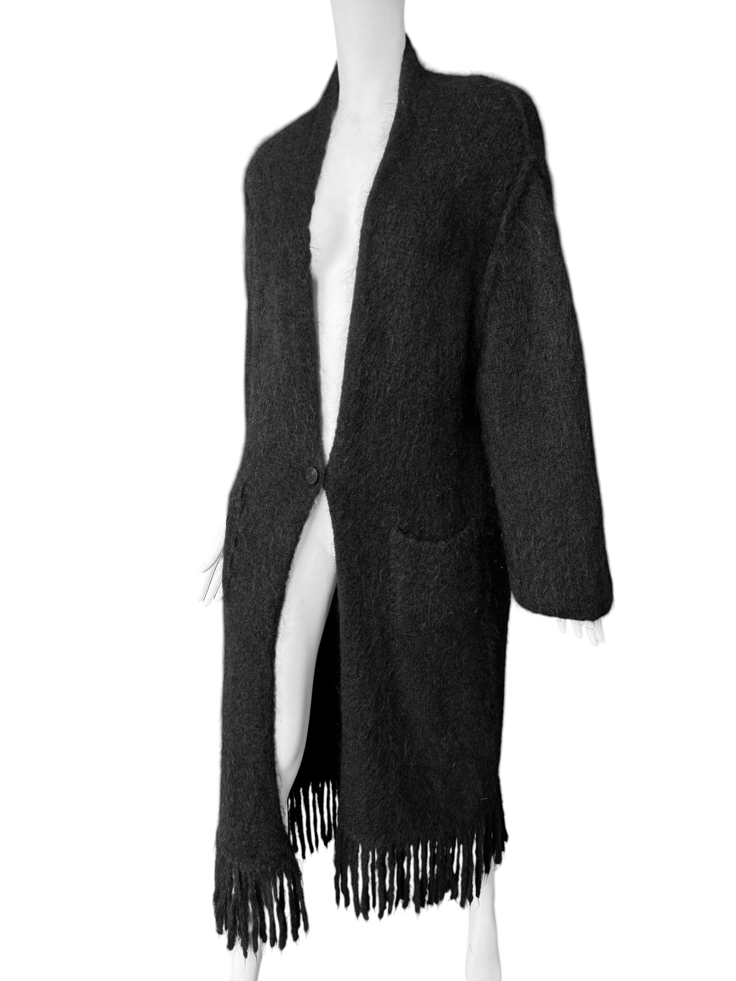 ISABEL BENENATO FW2020 BLACK WOOL & MOHAIR BLEND FRINGES MAXI COAT