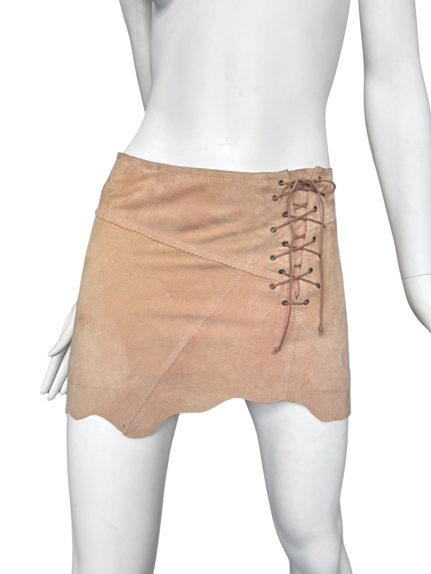 PLEIN SUD JEANS SS2003 BEIGE SUEDE LEATHER LACE-UP MINI SKIRT