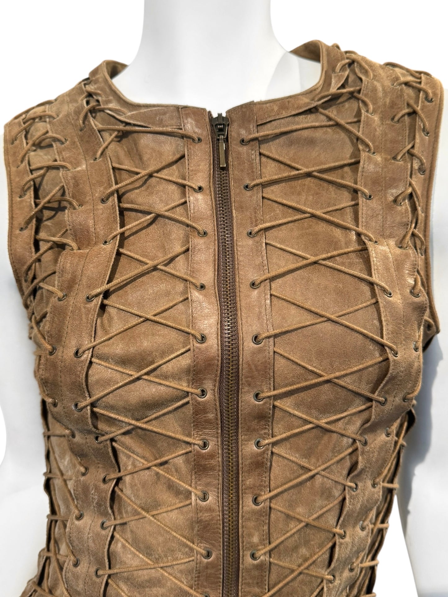 PLEIN SUD FW2002 BROWN LEATHER LACE-UP CAGE VEST