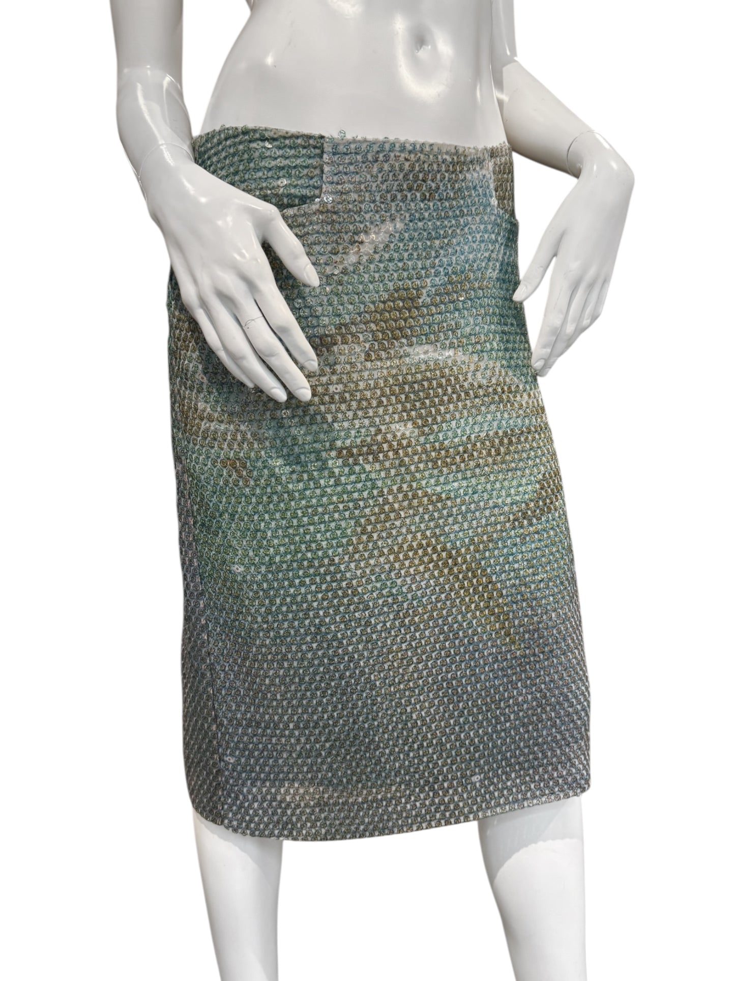 ALEXANDER MCQUEEN SS1997 «LA POUPÉE» BLUE SEQUINS DOLPHIN PRINT BUMSTER MIDI SKIRT