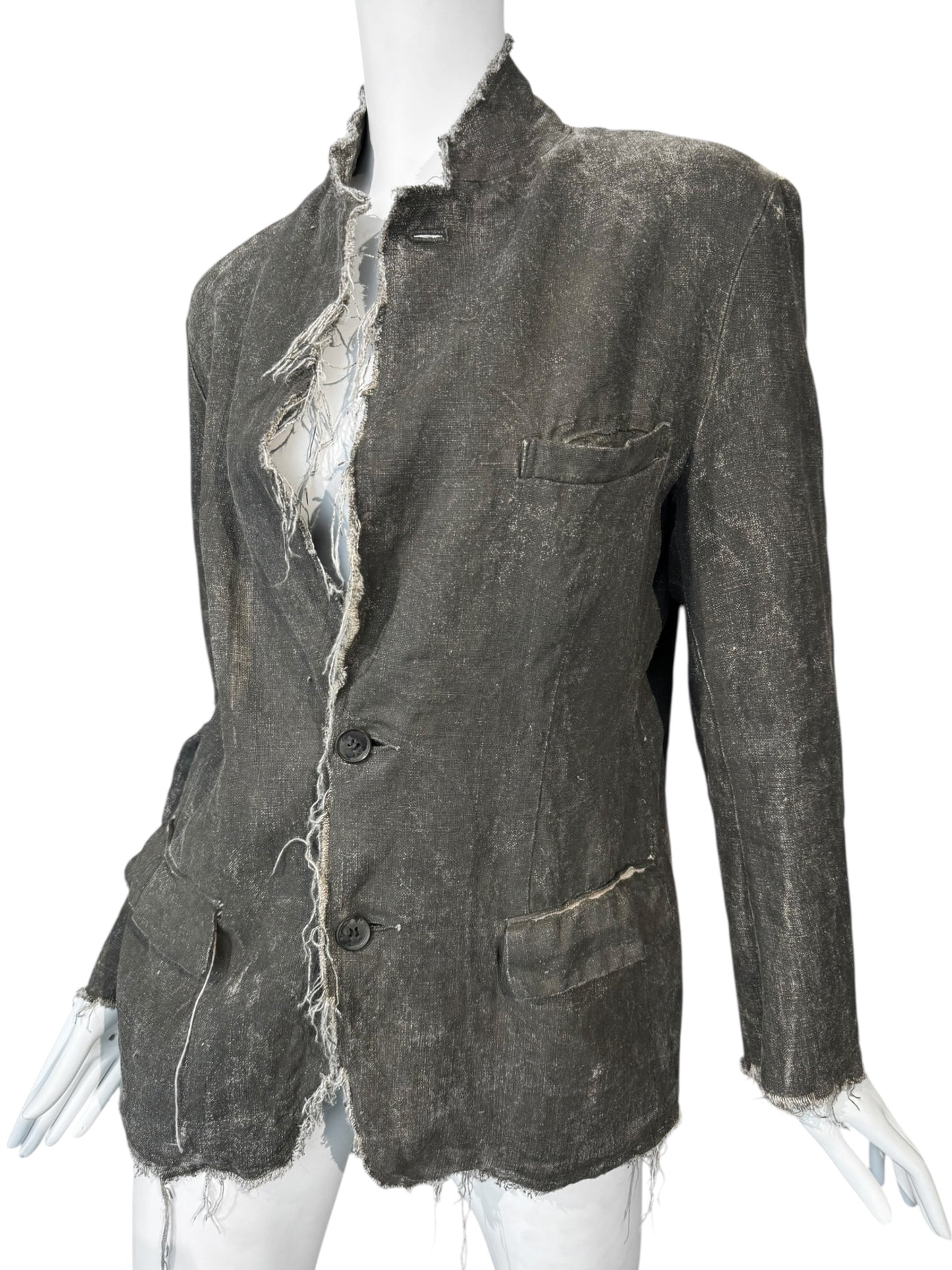 RIPVANWINKLE 2000s GREY LINEN PAINTED DISTRESS BLAZER