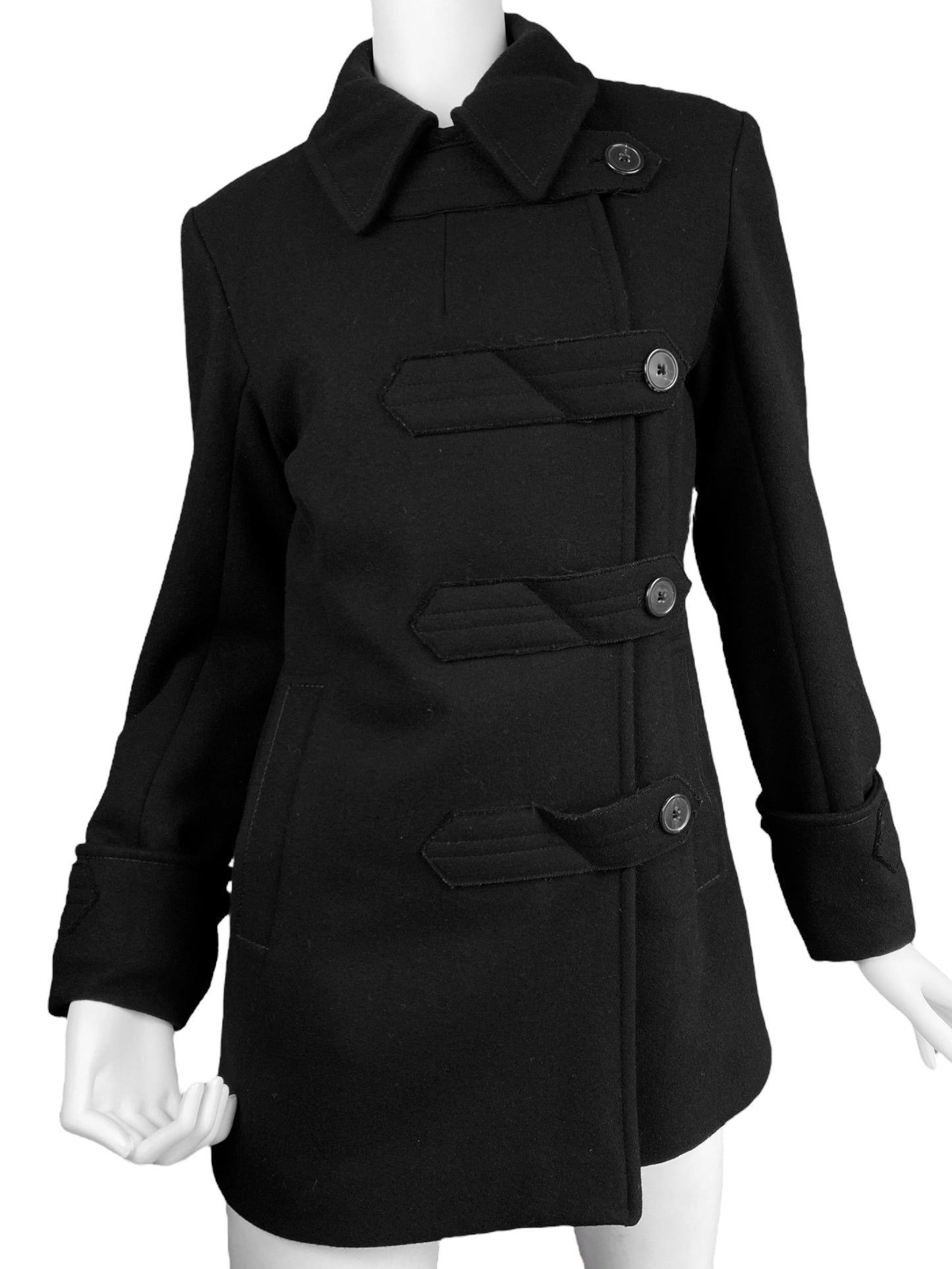 JIL SANDER FW2005 BLACK WOOL ASYMMETRICAL PEACOAT