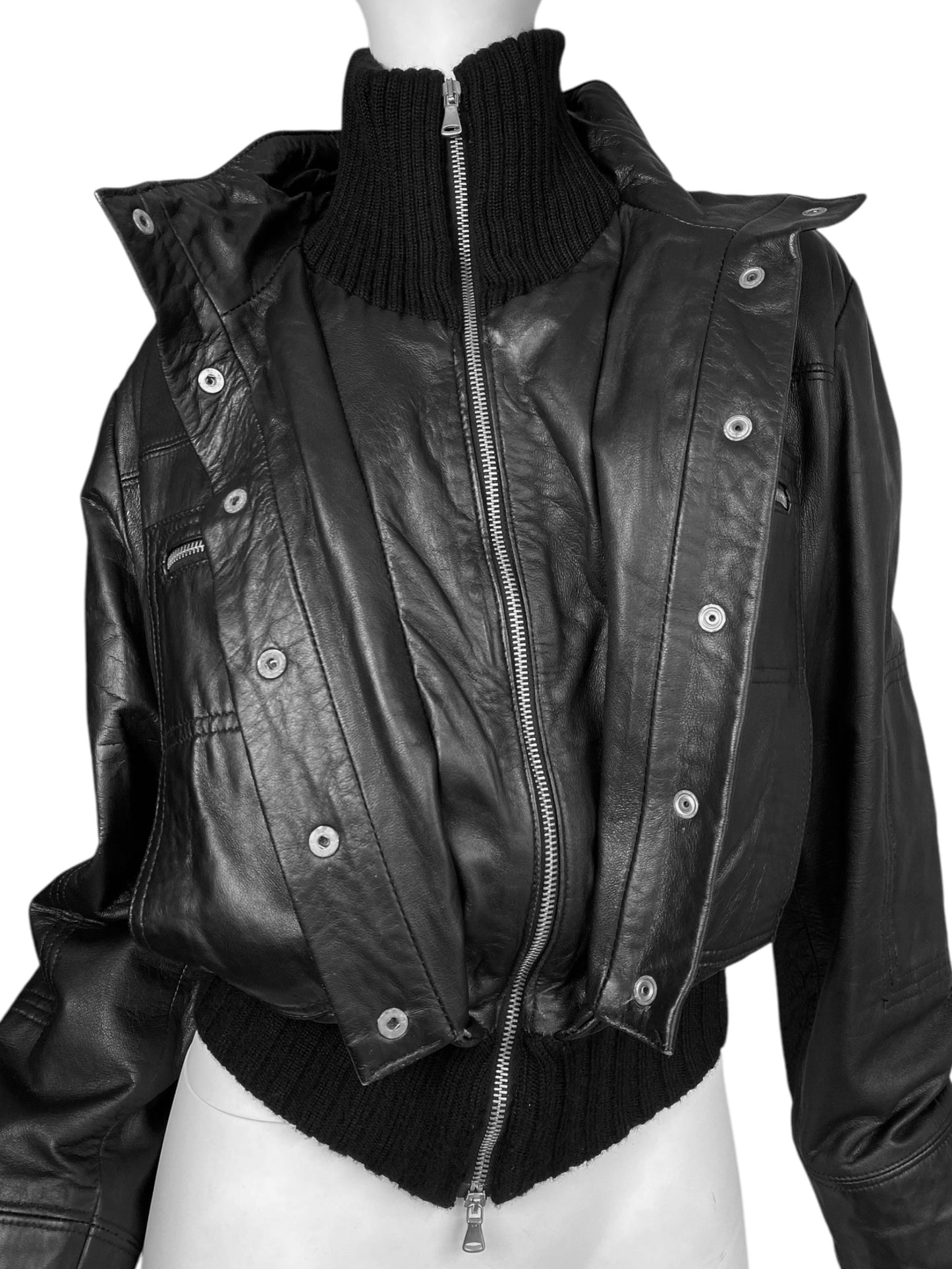 DIVA 2000s BLACK LEATHER RIBBED KNIT DETAILS CROPPED JACKET